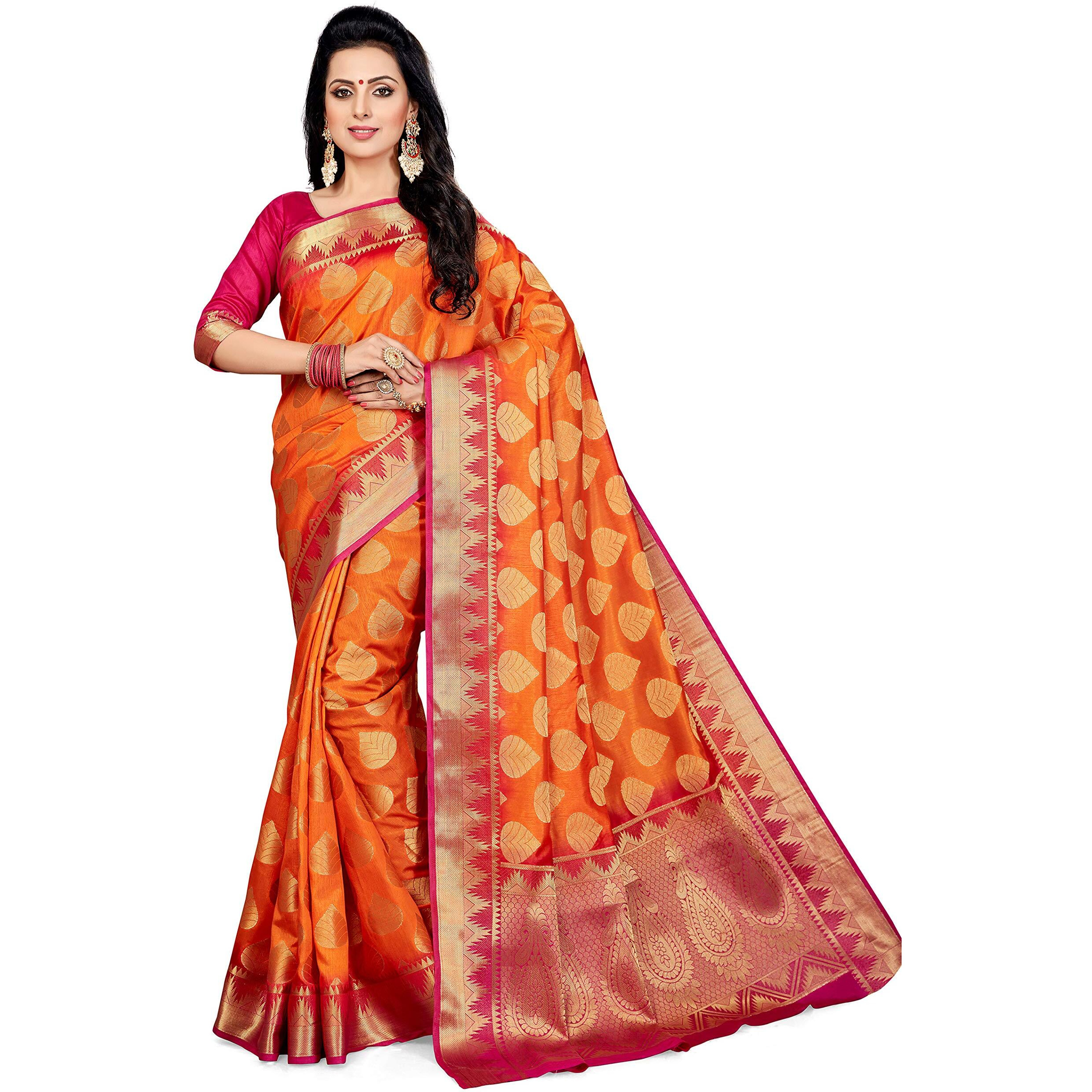 MSRETAIL Womens Woven Kanjivaram Silk Saree (HM-WAVES-4016, Orange)