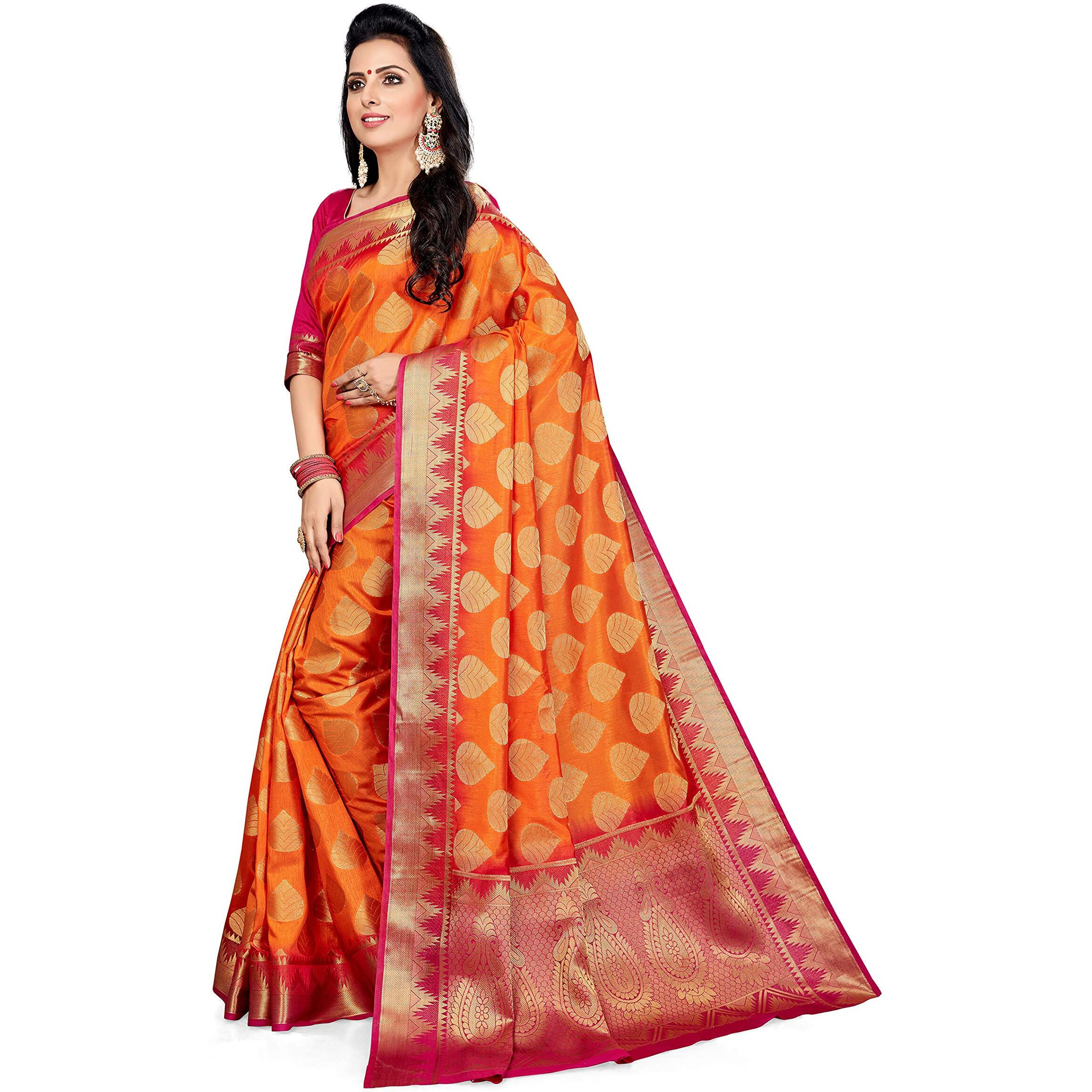 MSRETAIL Womens Woven Kanjivaram Silk Saree (HM-WAVES-4016, Orange)