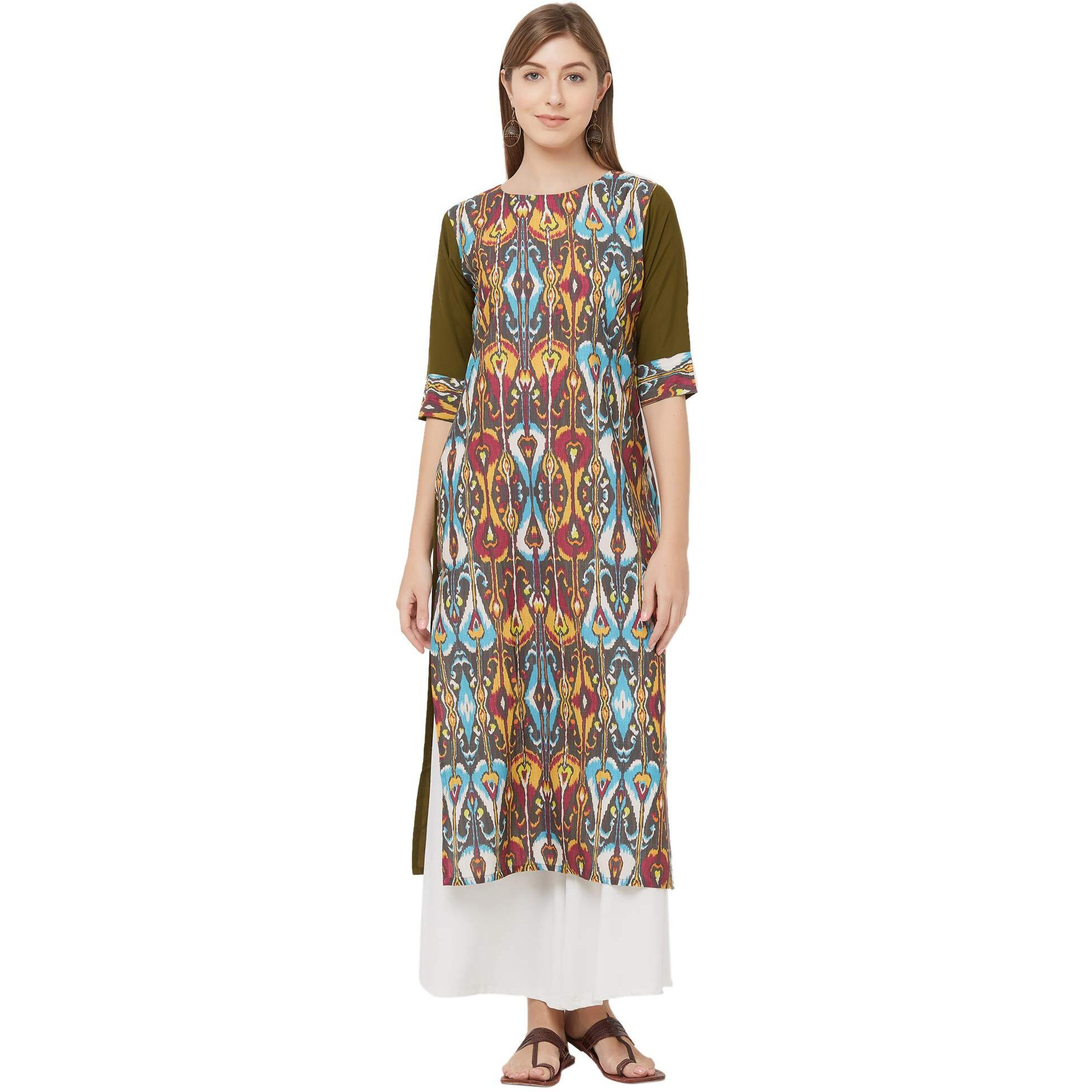 GoSriKi Womens Mehandi Crepe Straight Calf Length Ethnic Printed Kurti(KRISH-64989-S_Mehandi) Green