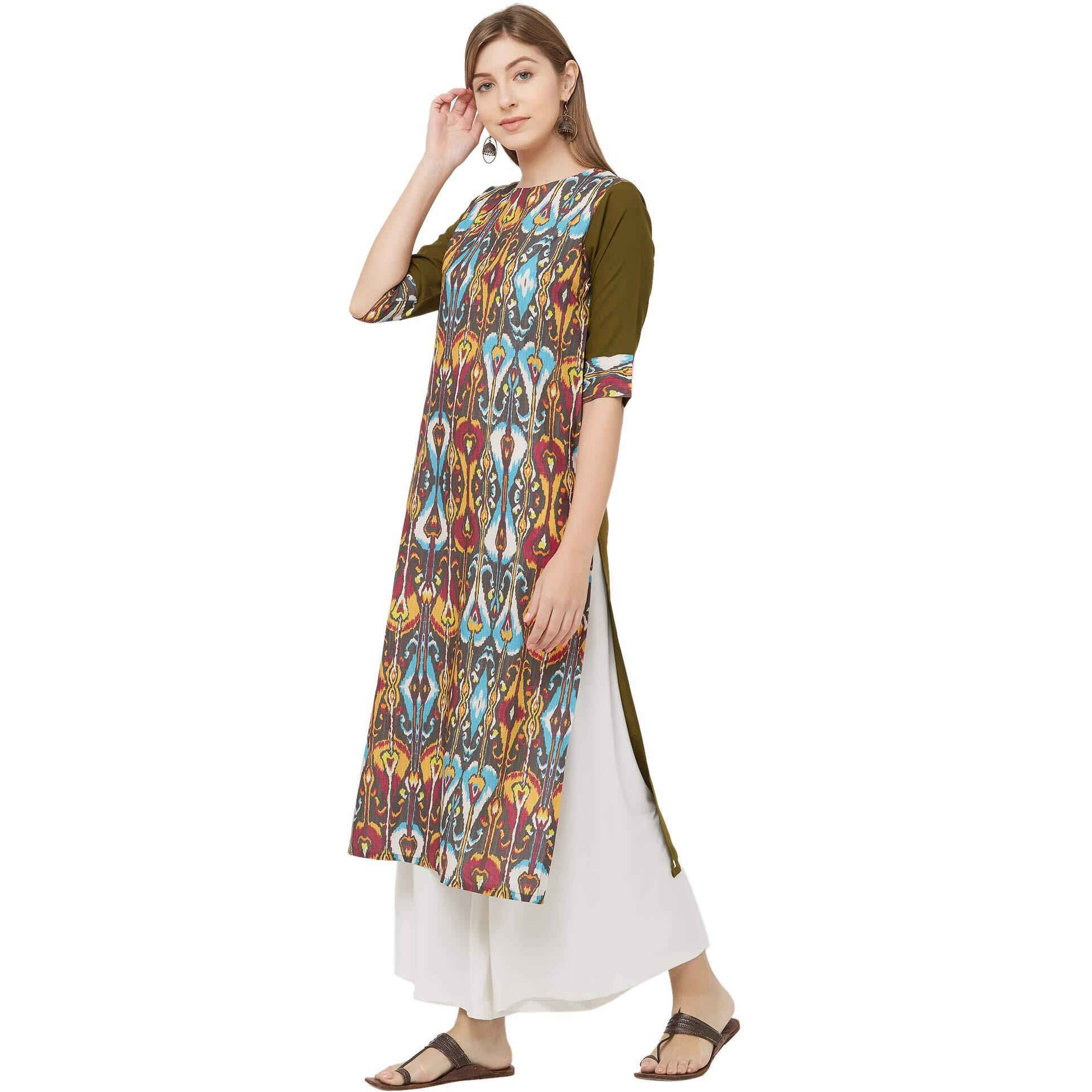 GoSriKi Womens Mehandi Crepe Straight Calf Length Ethnic Printed Kurti(KRISH-64989-S_Mehandi) Green