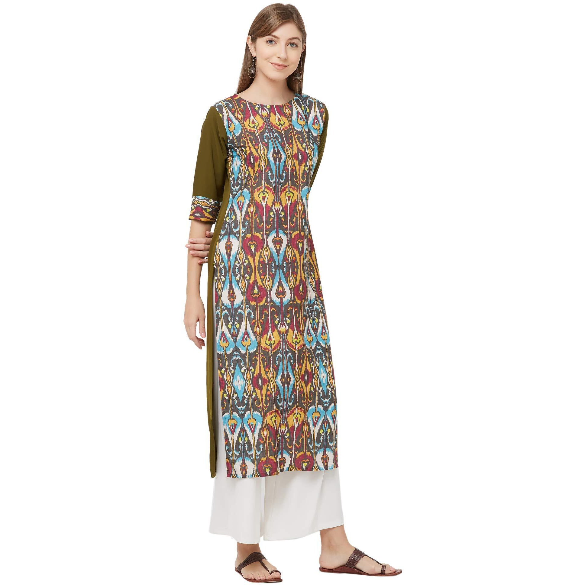 GoSriKi Womens Mehandi Crepe Straight Calf Length Ethnic Printed Kurti(KRISH-64989-S_Mehandi) Green