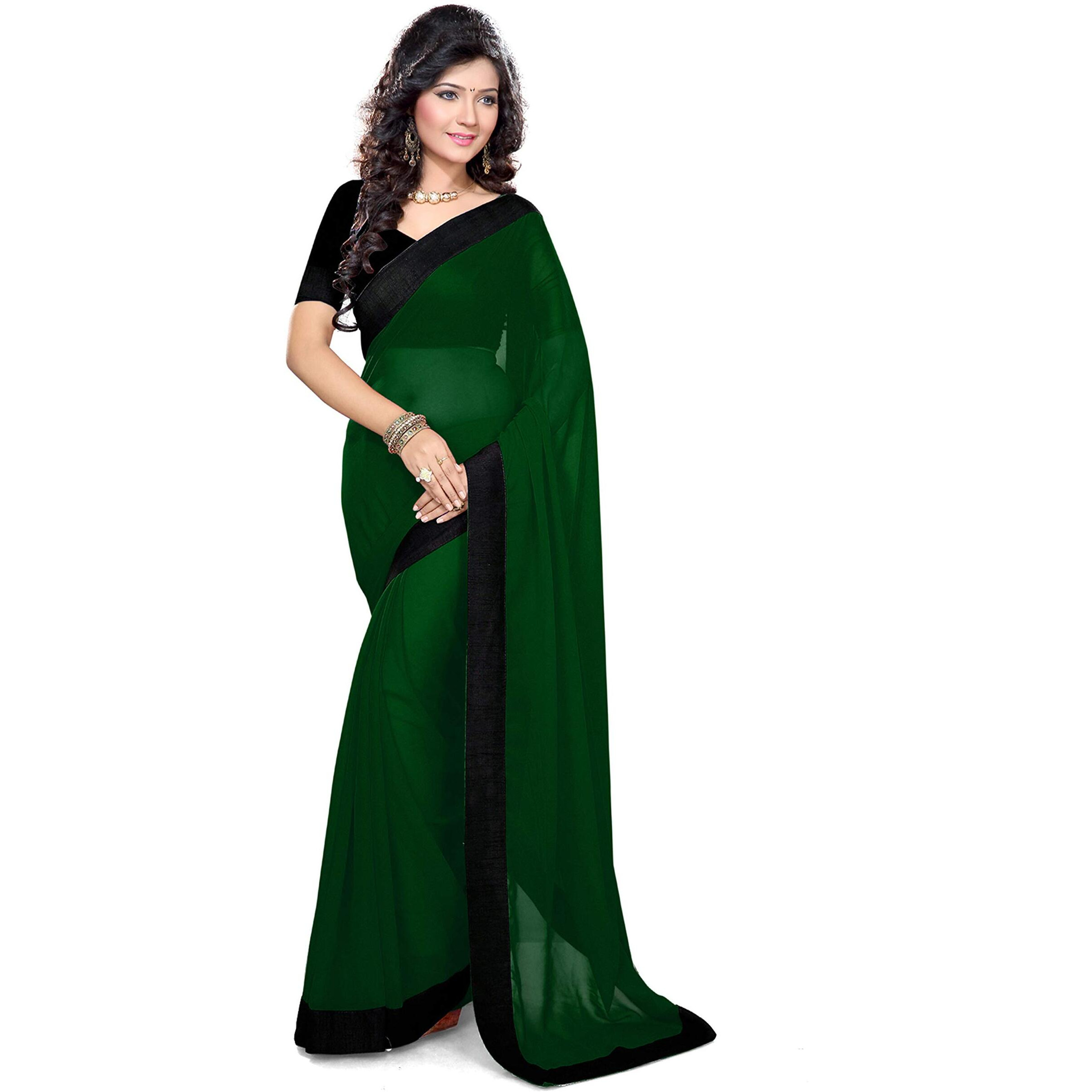 SOURBH Womens Georgette Solid Contrast Wide Lace Border and Blouse Work Saree (103-Dark Green)