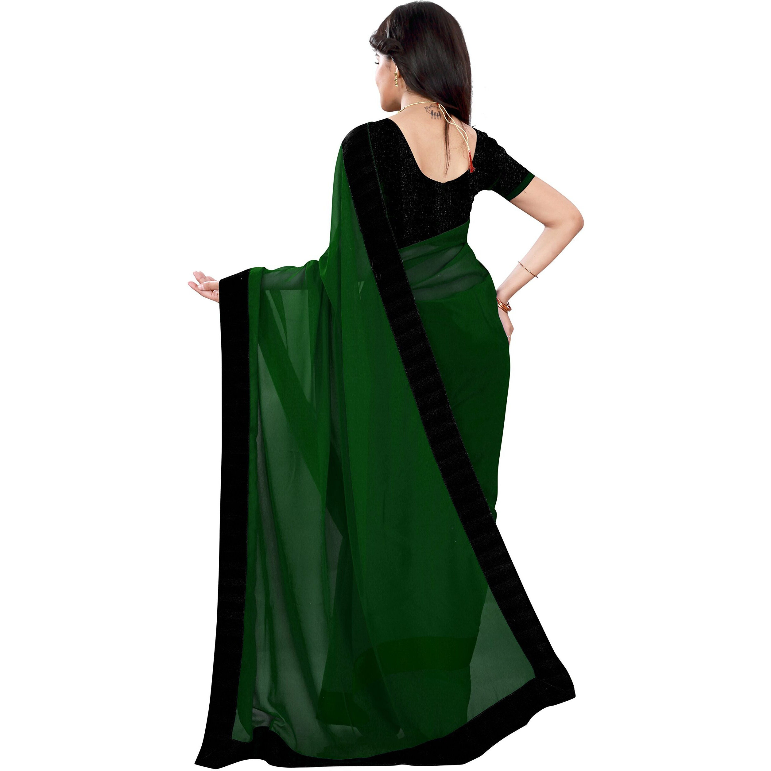 SOURBH Womens Georgette Solid Contrast Wide Lace Border and Blouse Work Saree (103-Dark Green)