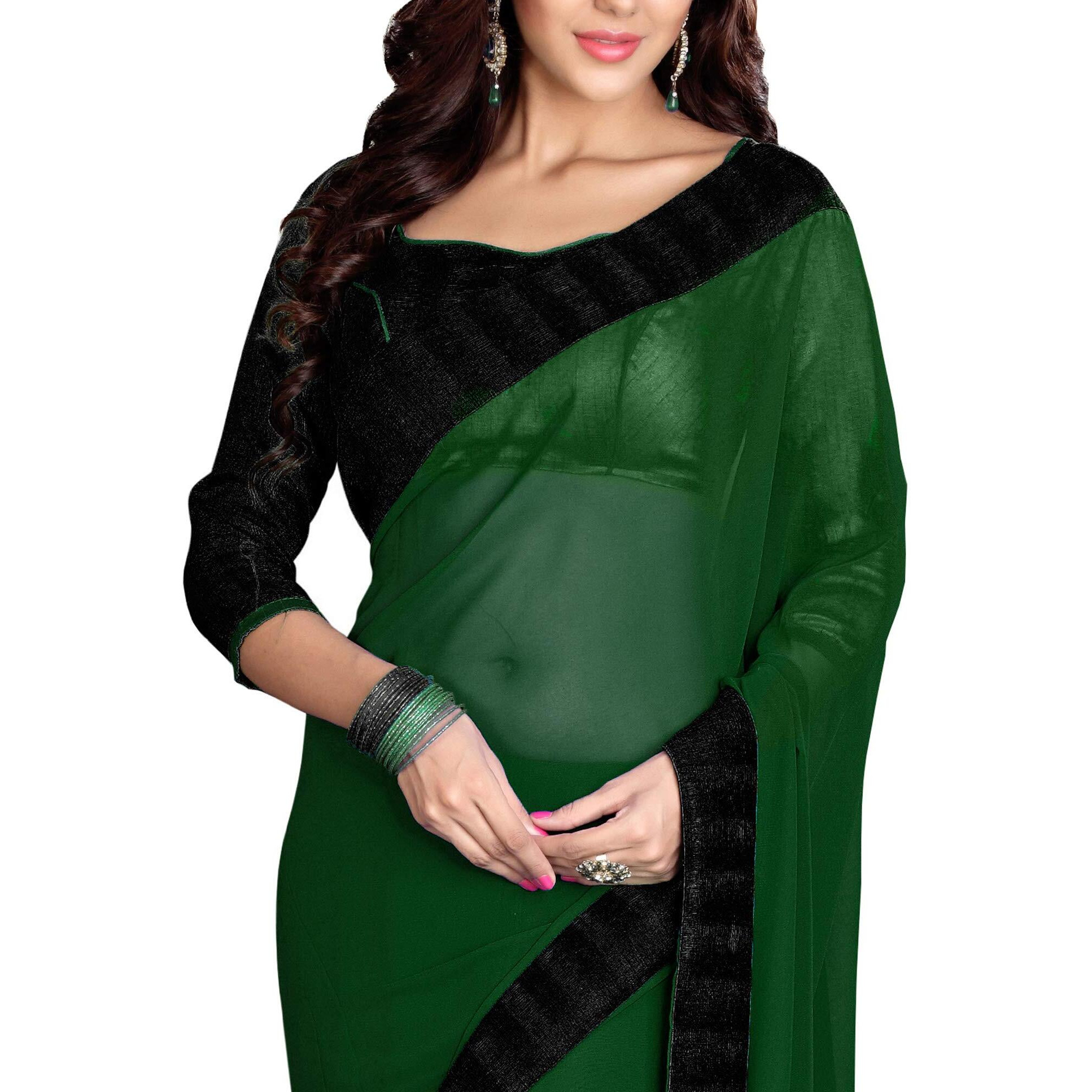 SOURBH Womens Georgette Solid Contrast Wide Lace Border and Blouse Work Saree (103-Dark Green)