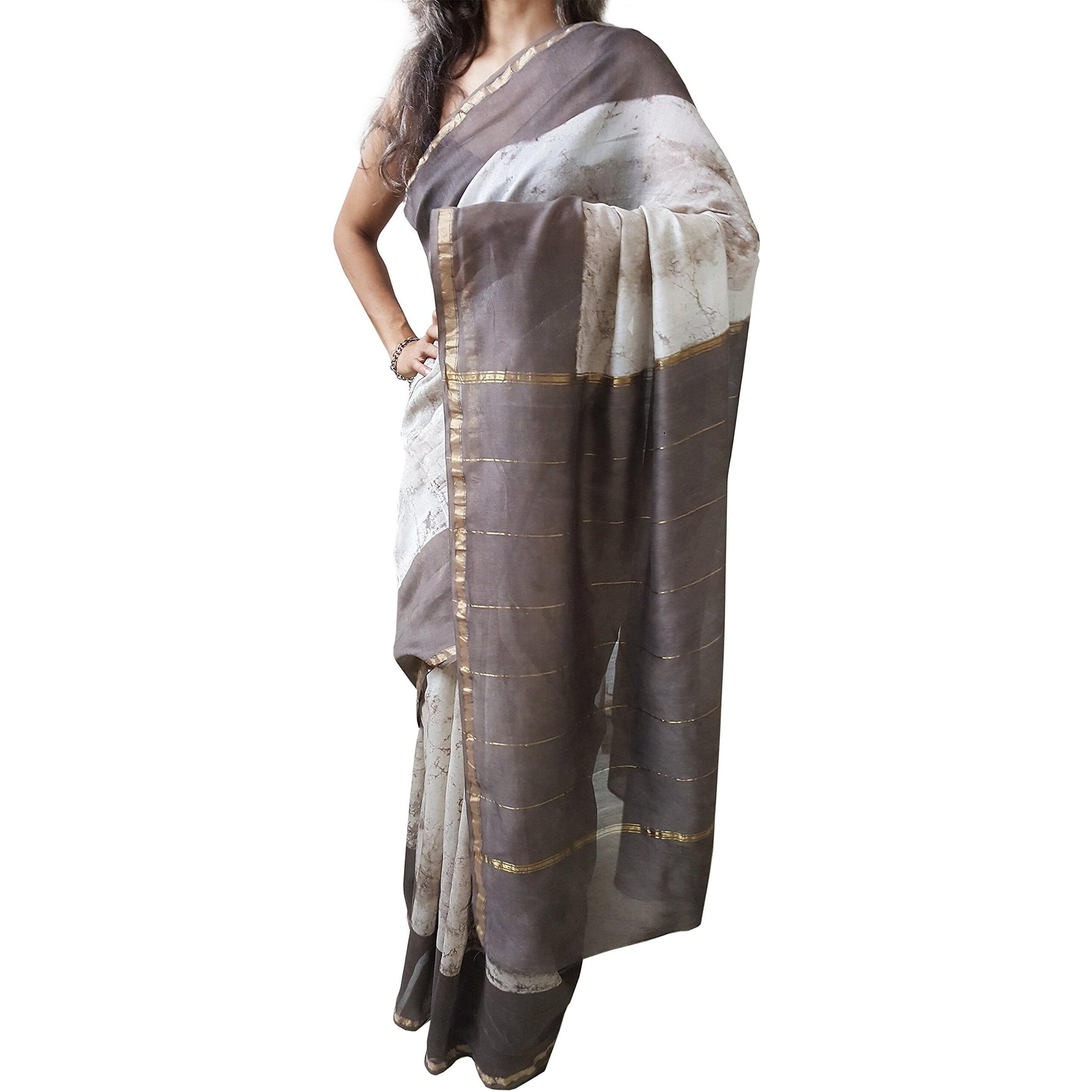 Mehrunnisa Womens Cotton Silk Saree With Blouse Piece (GAR2453_Brown & Beige )