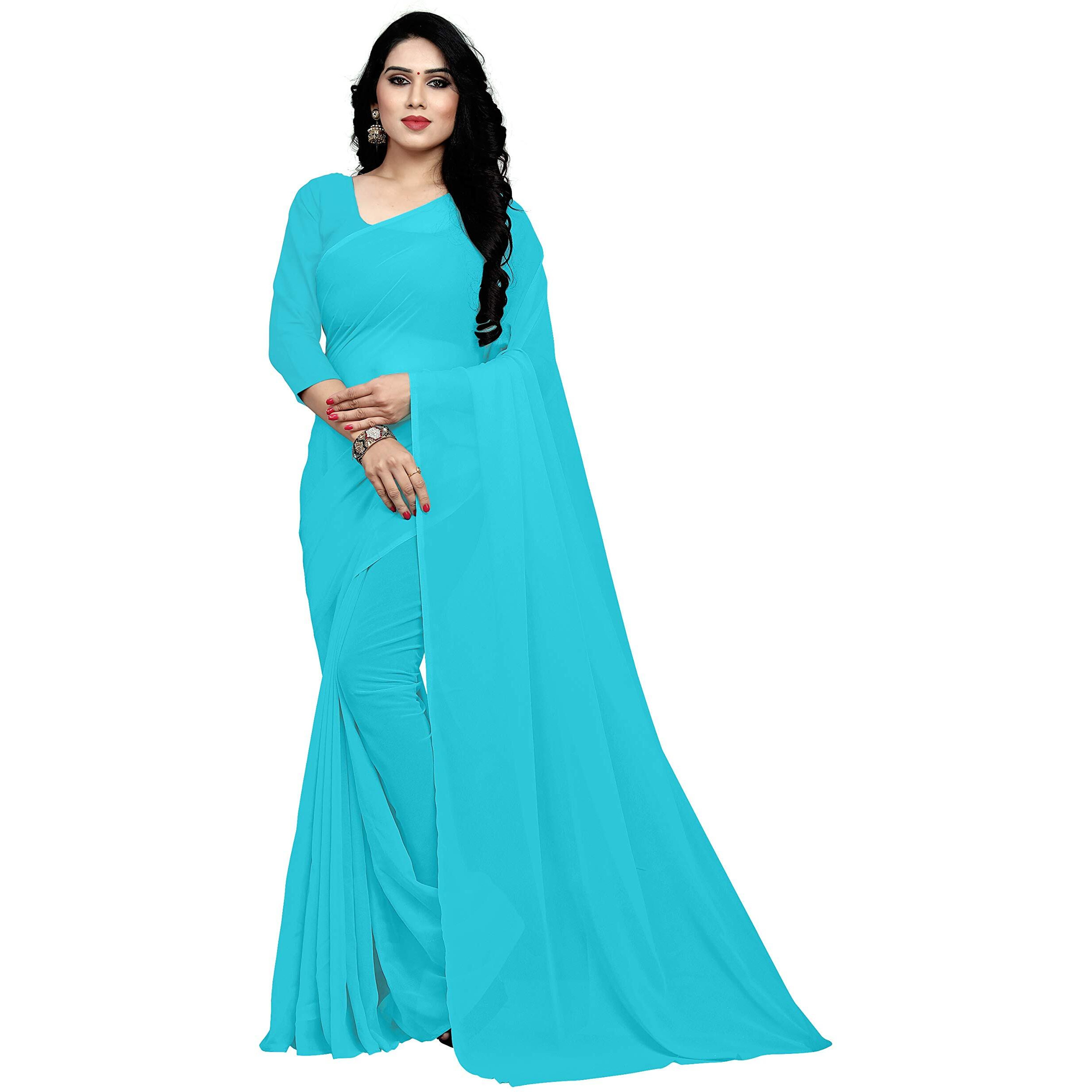 Sidhidata Textile Womens Plain Georgette Saree With Unstitched Blouse Piece (Sky Blue)