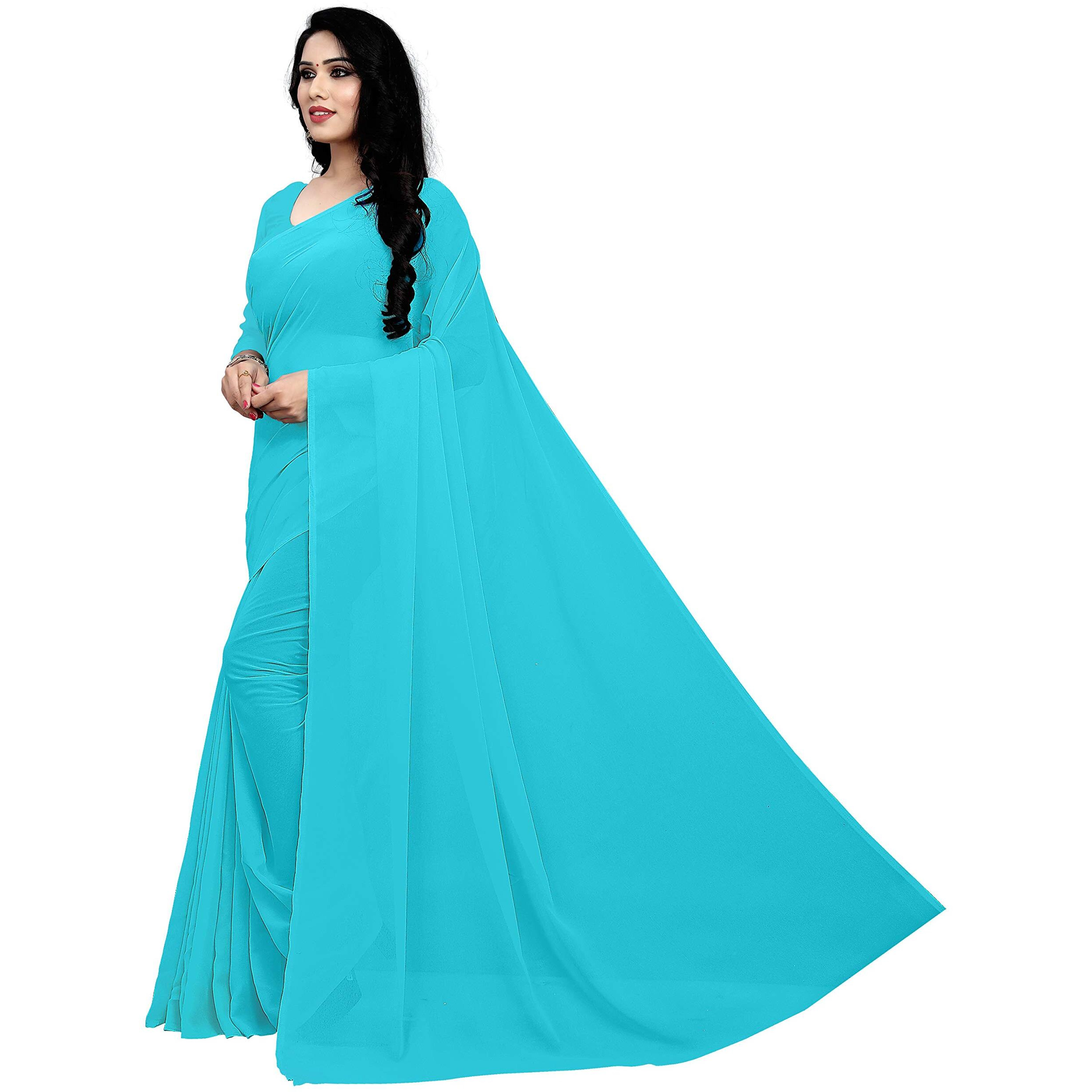 Sidhidata Textile Womens Plain Georgette Saree With Unstitched Blouse Piece (Sky Blue)