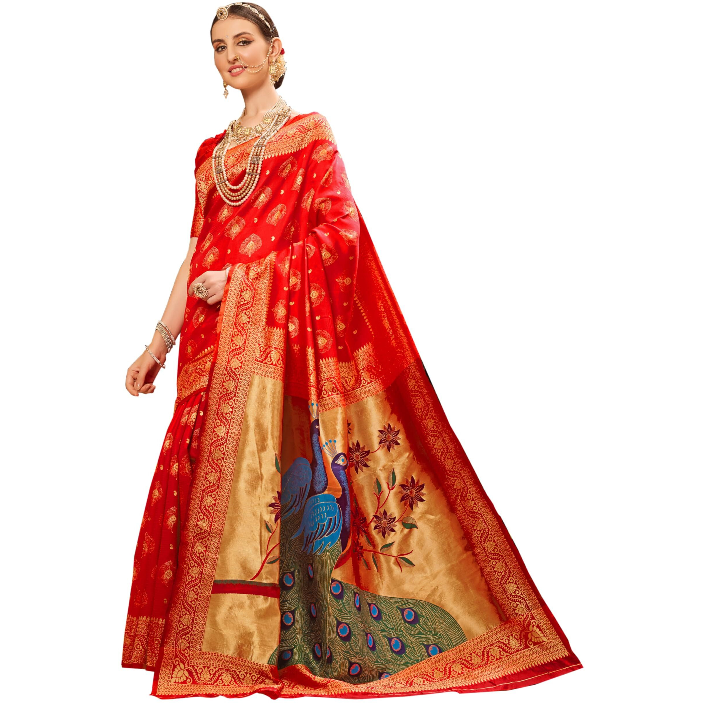 EthnicJunction Womens Paithani Silk Blend Woven Saree With Blouse Piece (Red)