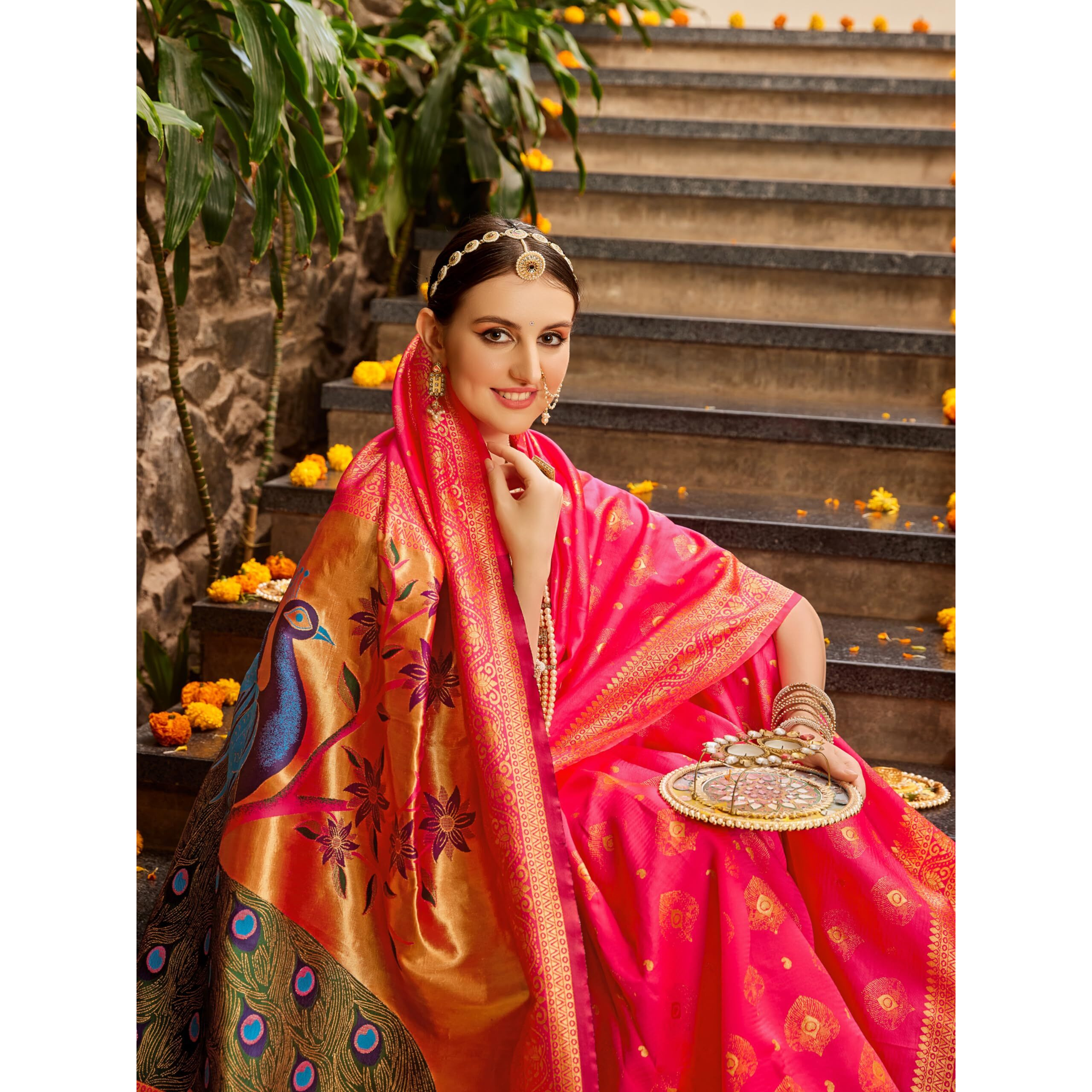 EthnicJunction Womens Paithani Silk Blend Woven Saree With Blouse Piece (Pink)