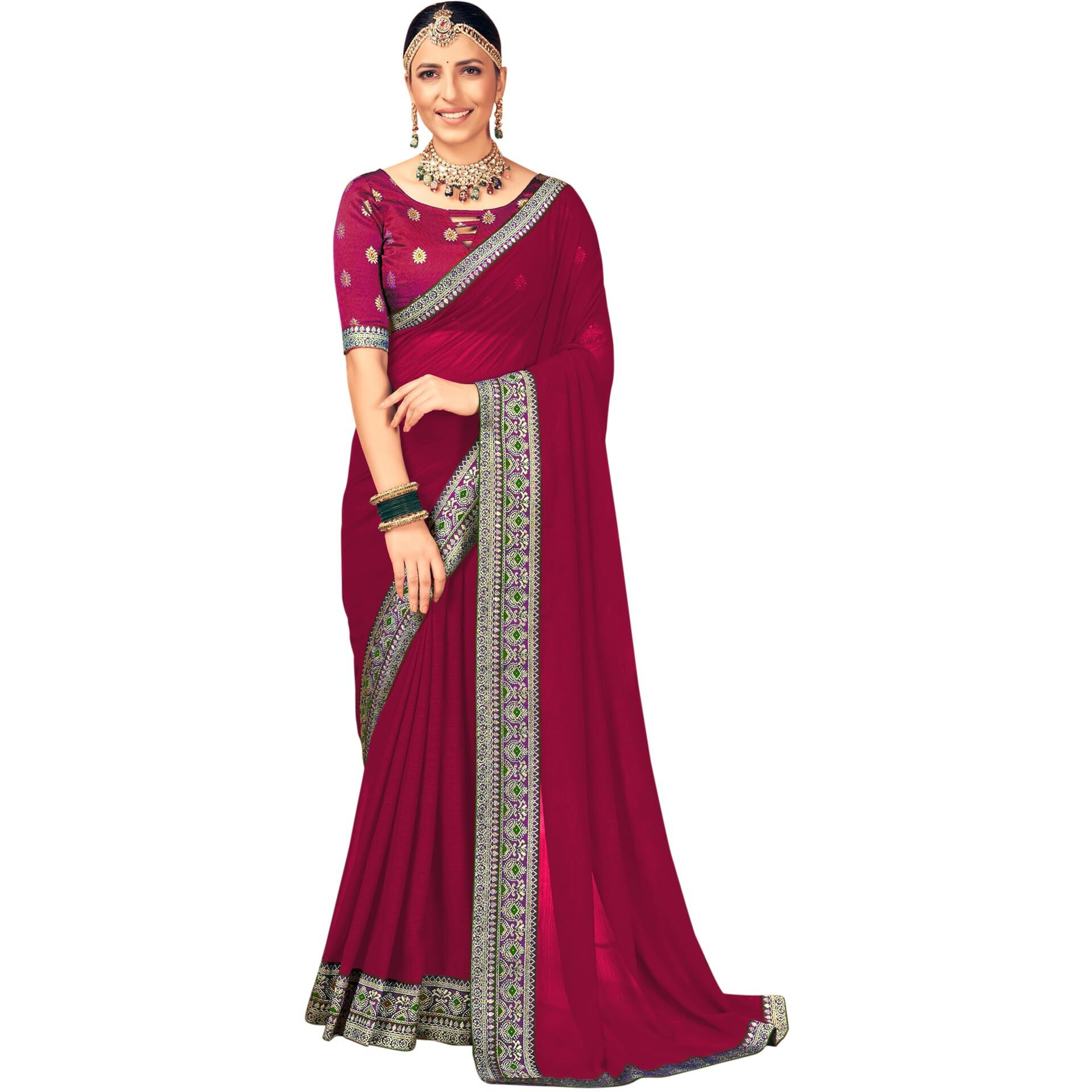 AKHILAM Womens Georgette Green Embellished Designer Saree With Blouse Piece (Pink_VIRAT103_5D)