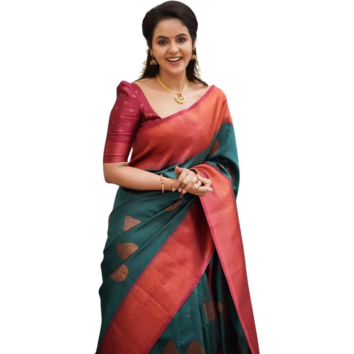 SGF11 Womens Kanjivaram Soft Lichi Silk Saree With Blouse Piece (Rama Green)