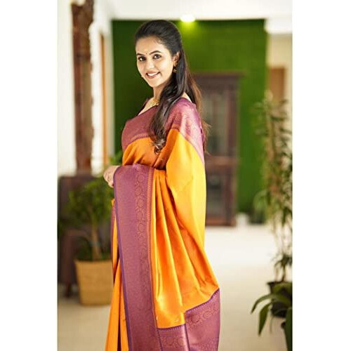 SGF11 Womens Kanjivaram Soft Lichi Silk Saree With Blouse Piece (Yellow)