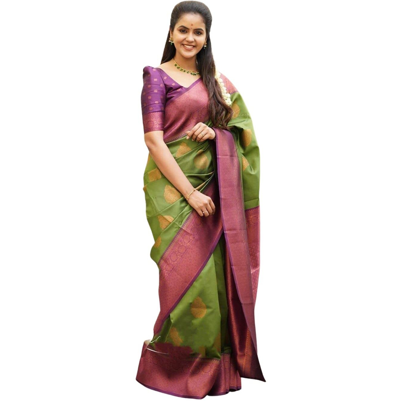 SGF11 Womens Kanjivaram Soft Lichi Silk Saree With Blouse Piece (Green)