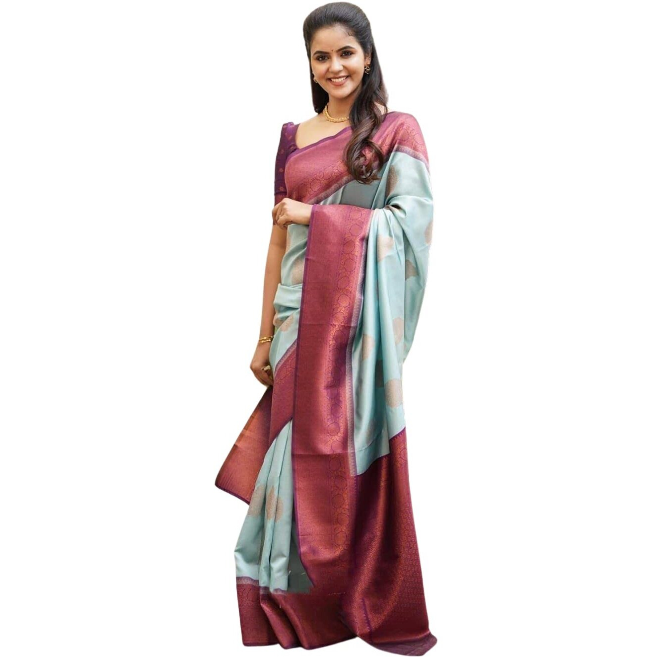 SGF11 Womens Kanjivaram Soft Lichi Silk Saree With Blouse Piece (Light Blue)