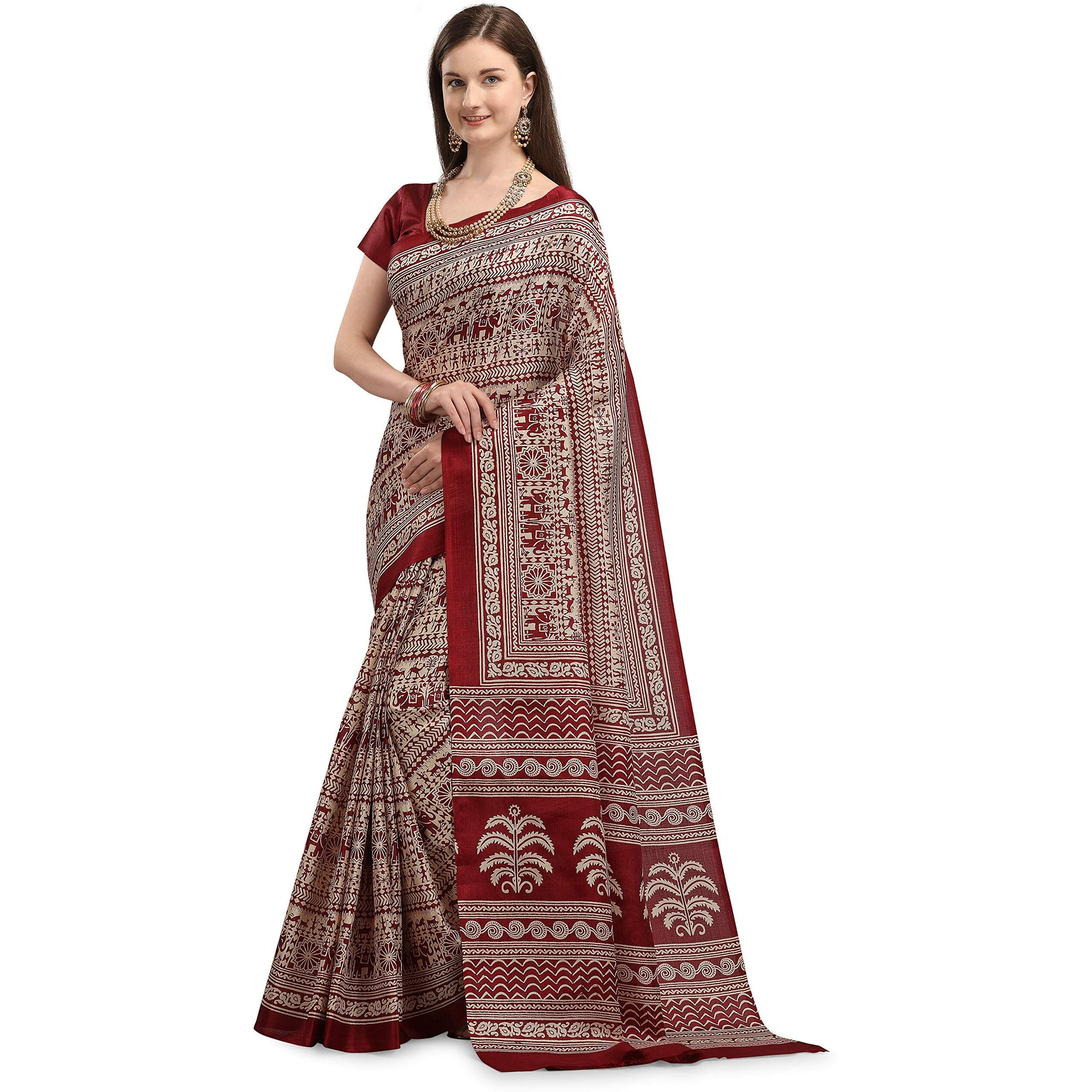 EthnicJunction Womens Silk Cotton Kalamkari Print Saree With Blouse Piece (EJ1201-Chitra-Maroon_Maroon)