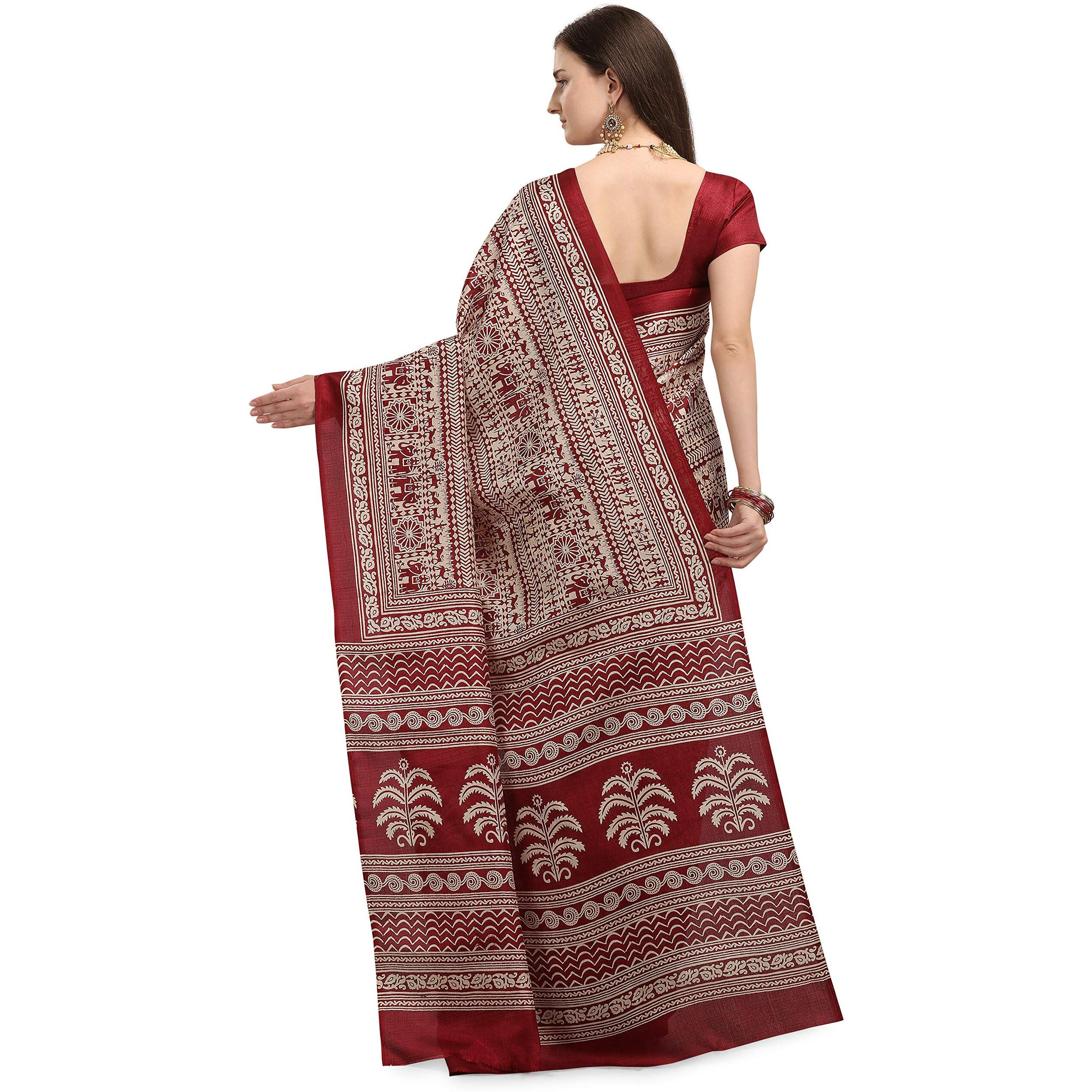 EthnicJunction Womens Silk Cotton Kalamkari Print Saree With Blouse Piece (EJ1201-Chitra-Maroon_Maroon)