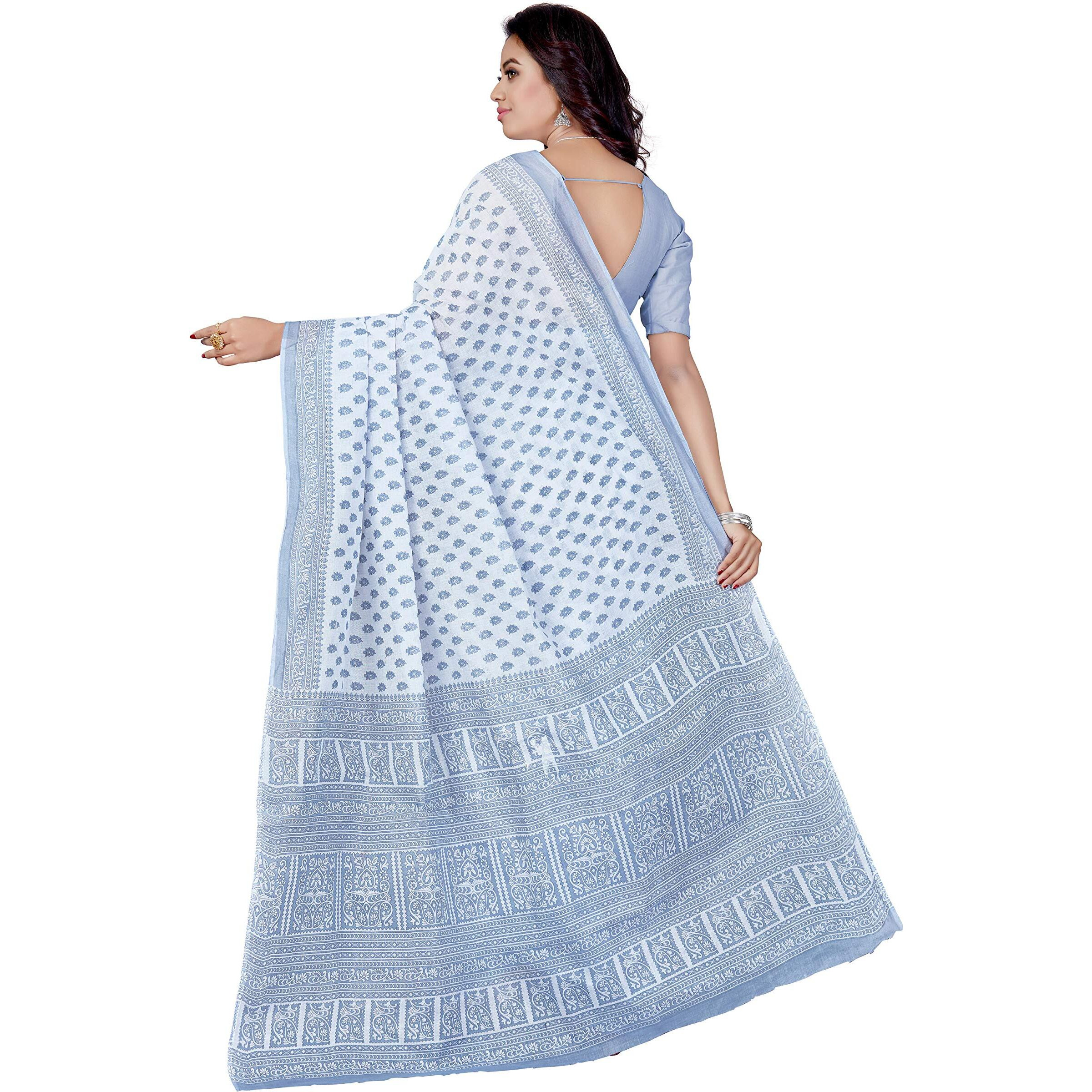 RANI SAAHIBA Womens Pure Cotton Printed Saree Without Blouse Piece (SKR5268_White-Grey)