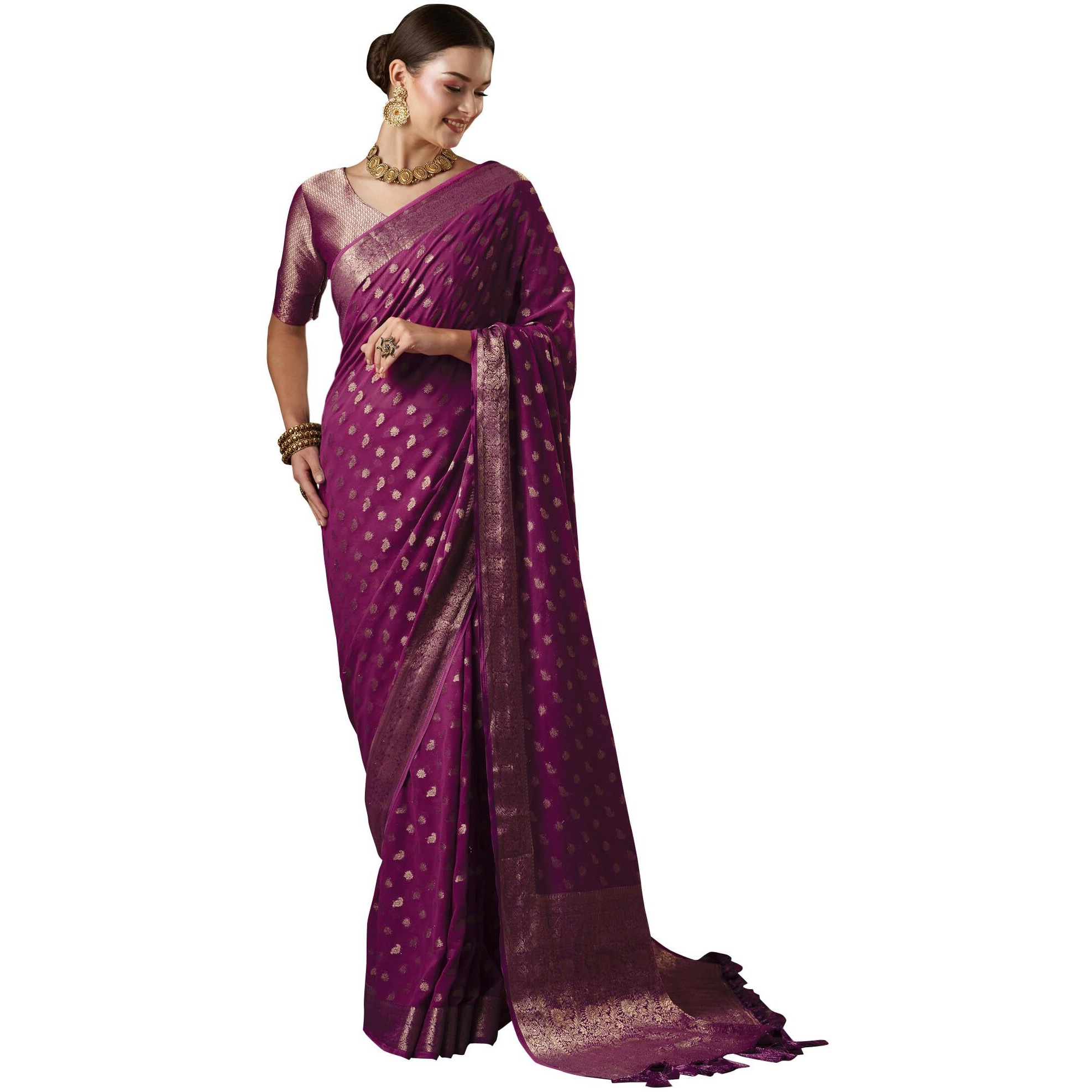 AKHILAM Womens Magenta Georgette Woven Design Saree with Unstitched Blouse Piece (ARYA3005_FL)