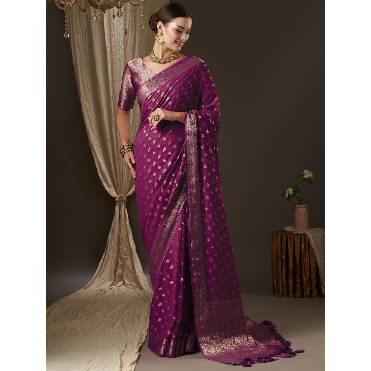 AKHILAM Womens Magenta Georgette Woven Design Saree with Unstitched Blouse Piece (ARYA3005_FL)