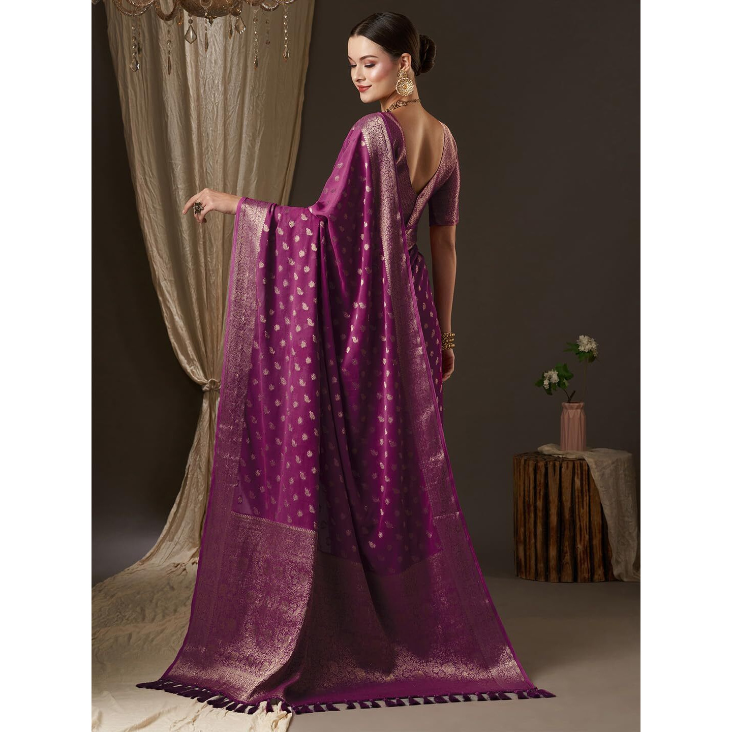 AKHILAM Womens Magenta Georgette Woven Design Saree with Unstitched Blouse Piece (ARYA3005_FL)