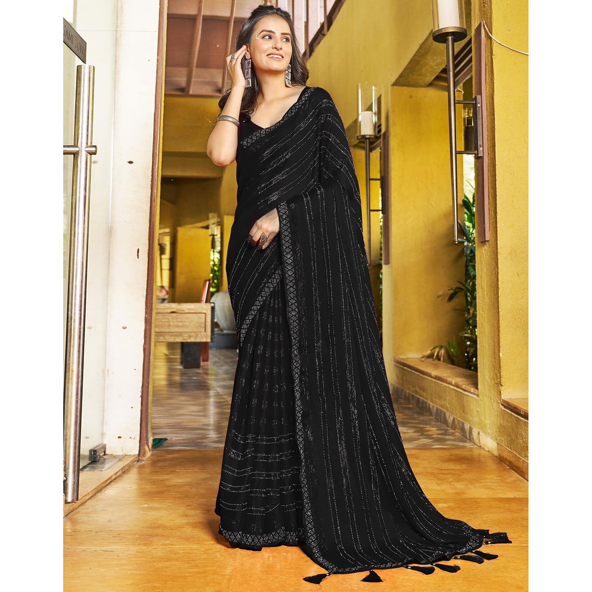 SIRIL Womens Chiffon Hot Fixing Saree With Unstitched Blouse Piece (3397S250_Black)