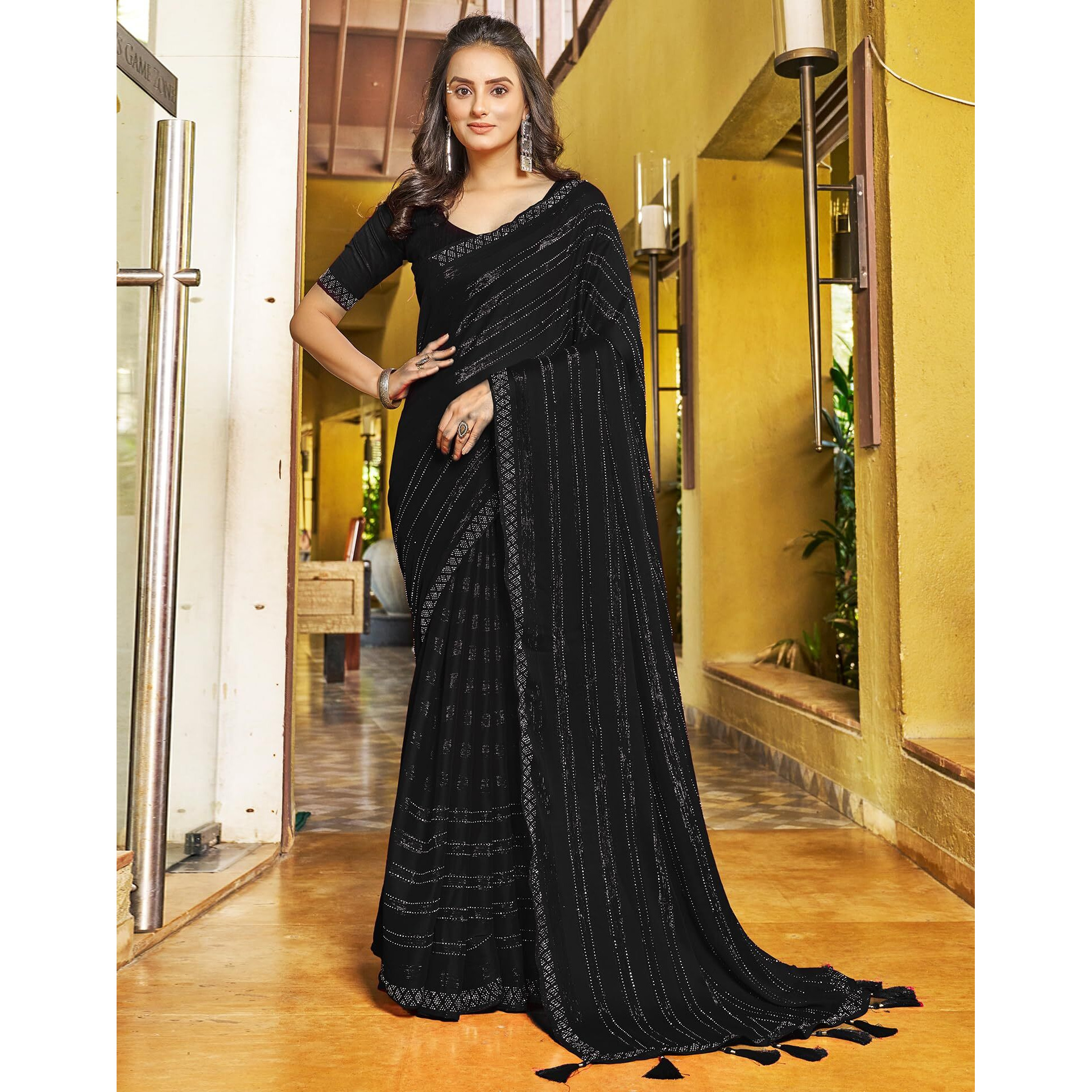 SIRIL Womens Chiffon Hot Fixing Saree With Unstitched Blouse Piece (3397S250_Black)