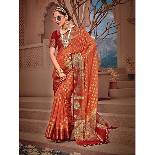 AKHILAM Womens Georgette Banarasi Silk Saree Georgette Patola saree With Unstitched Blouse Piece (Orange_ARYA1005_FL)