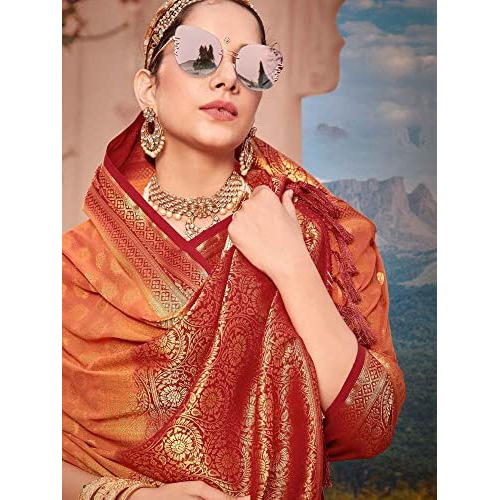 AKHILAM Womens Georgette Banarasi Silk Saree Georgette Patola saree With Unstitched Blouse Piece (Orange_ARYA1005_FL)