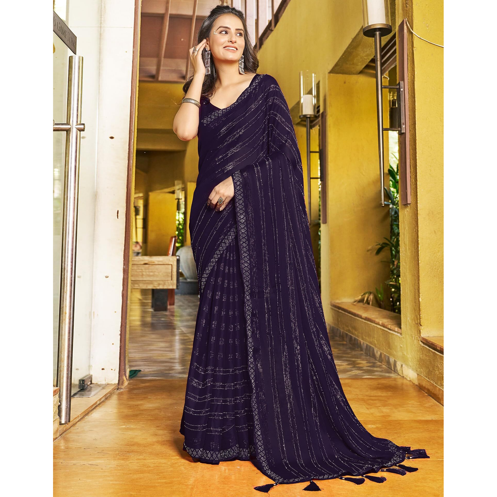 SIRIL Womens Chiffon Hot Fixing Saree With Unstitched Blouse Piece (3397S244_Dark Blue)