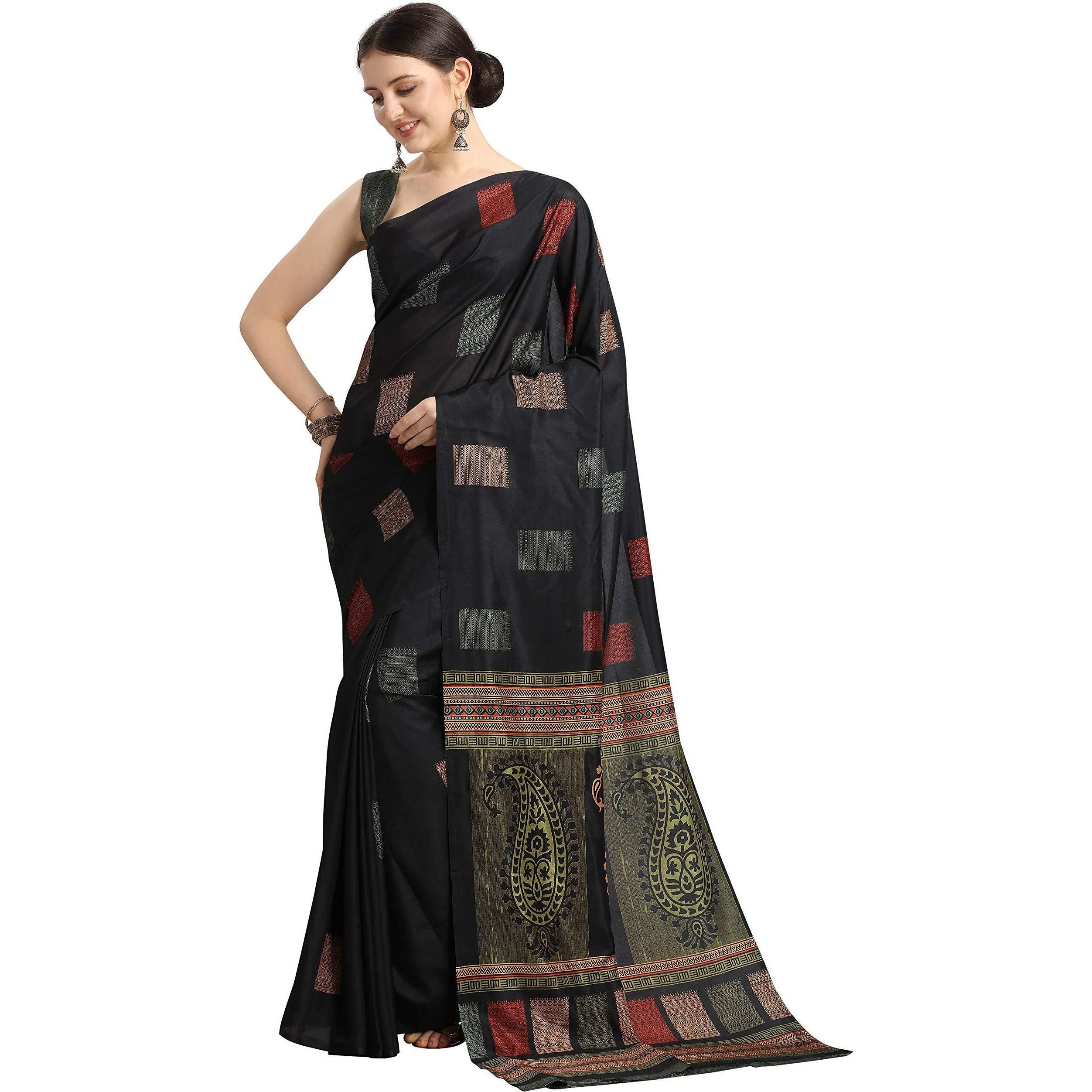 EthnicJunction Womens Digital Print Crepe Silk Saree with Blouse Piece (EJ5004-1003-Discharge, Black)