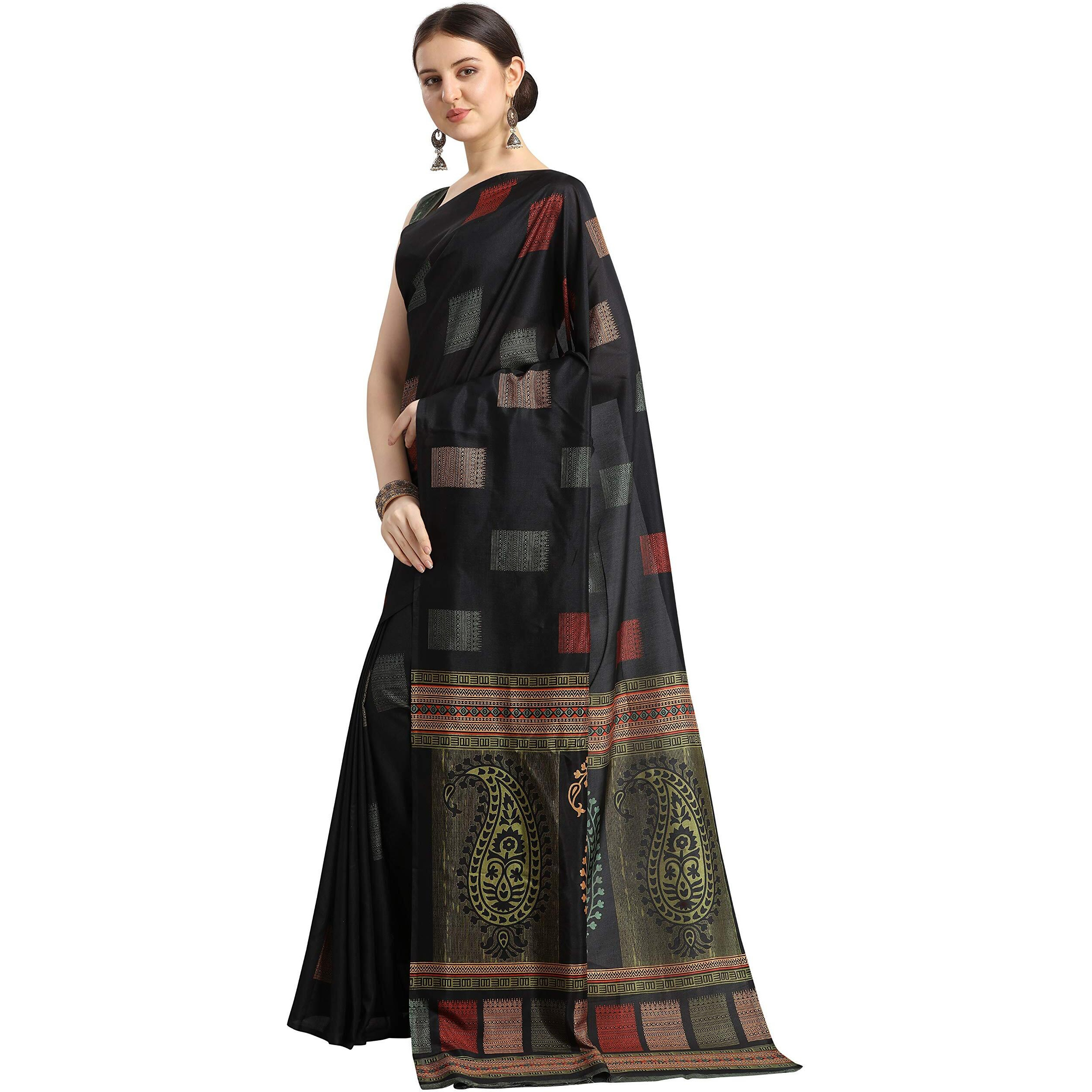 EthnicJunction Womens Digital Print Crepe Silk Saree with Blouse Piece (EJ5004-1003-Discharge, Black)