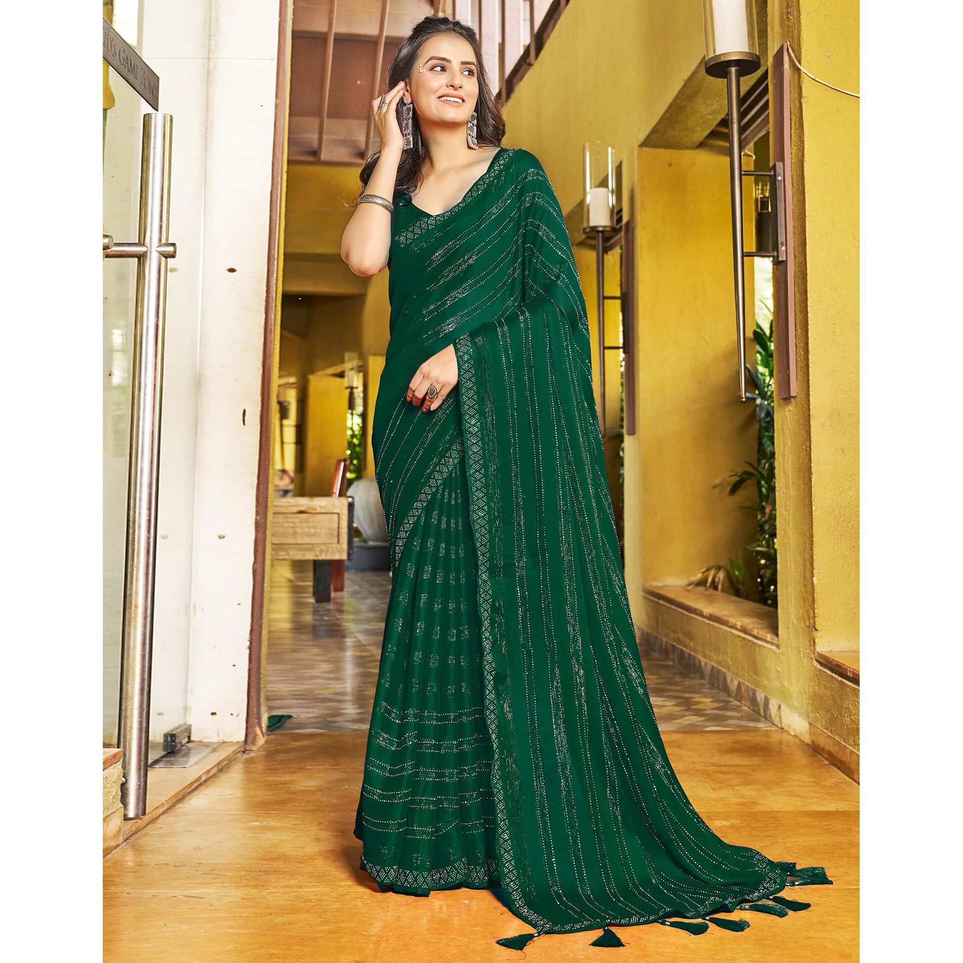 SIRIL Womens Chiffon Hot Fixing Saree With Unstitched Blouse Piece (3397S247_Dark Green)