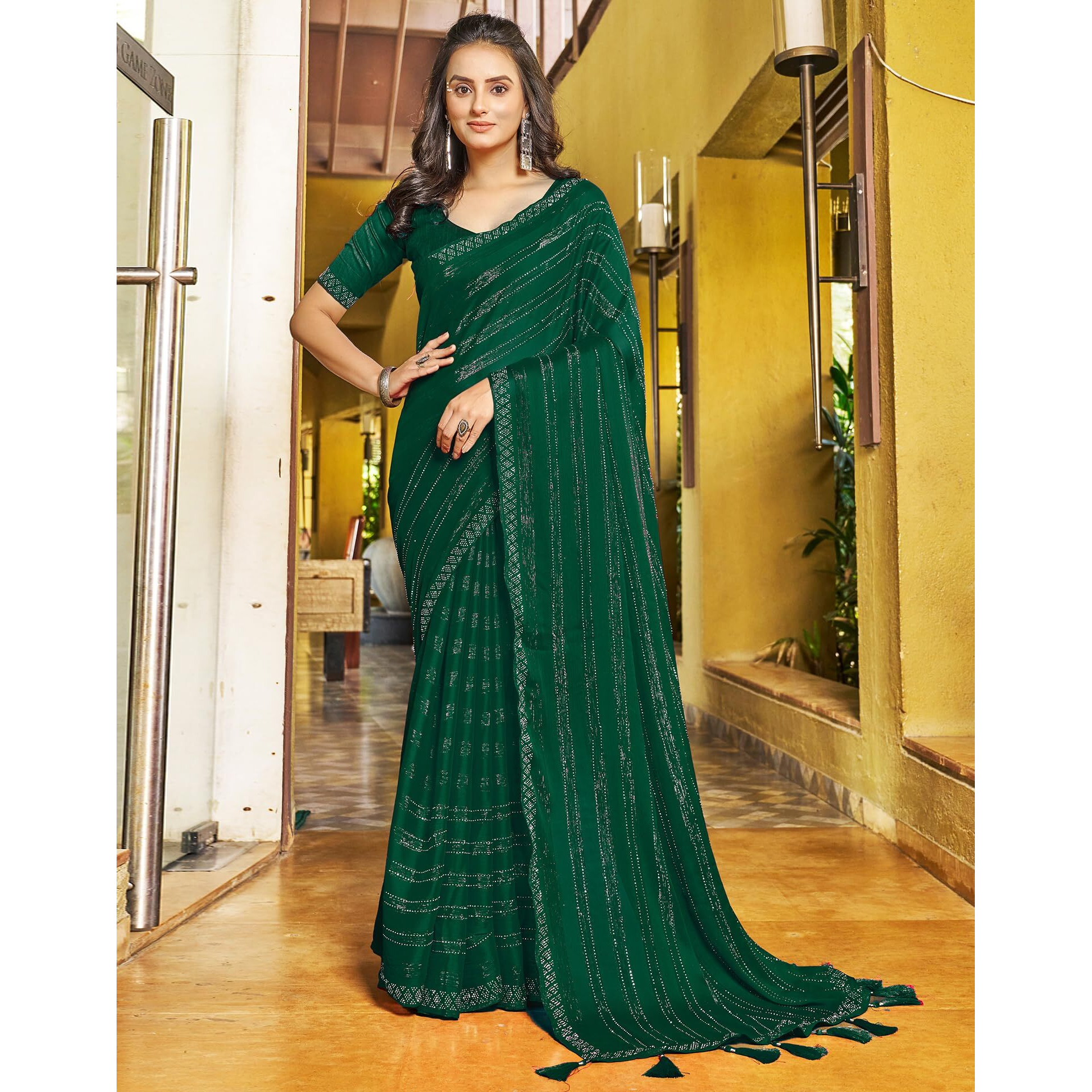 SIRIL Womens Chiffon Hot Fixing Saree With Unstitched Blouse Piece (3397S247_Dark Green)