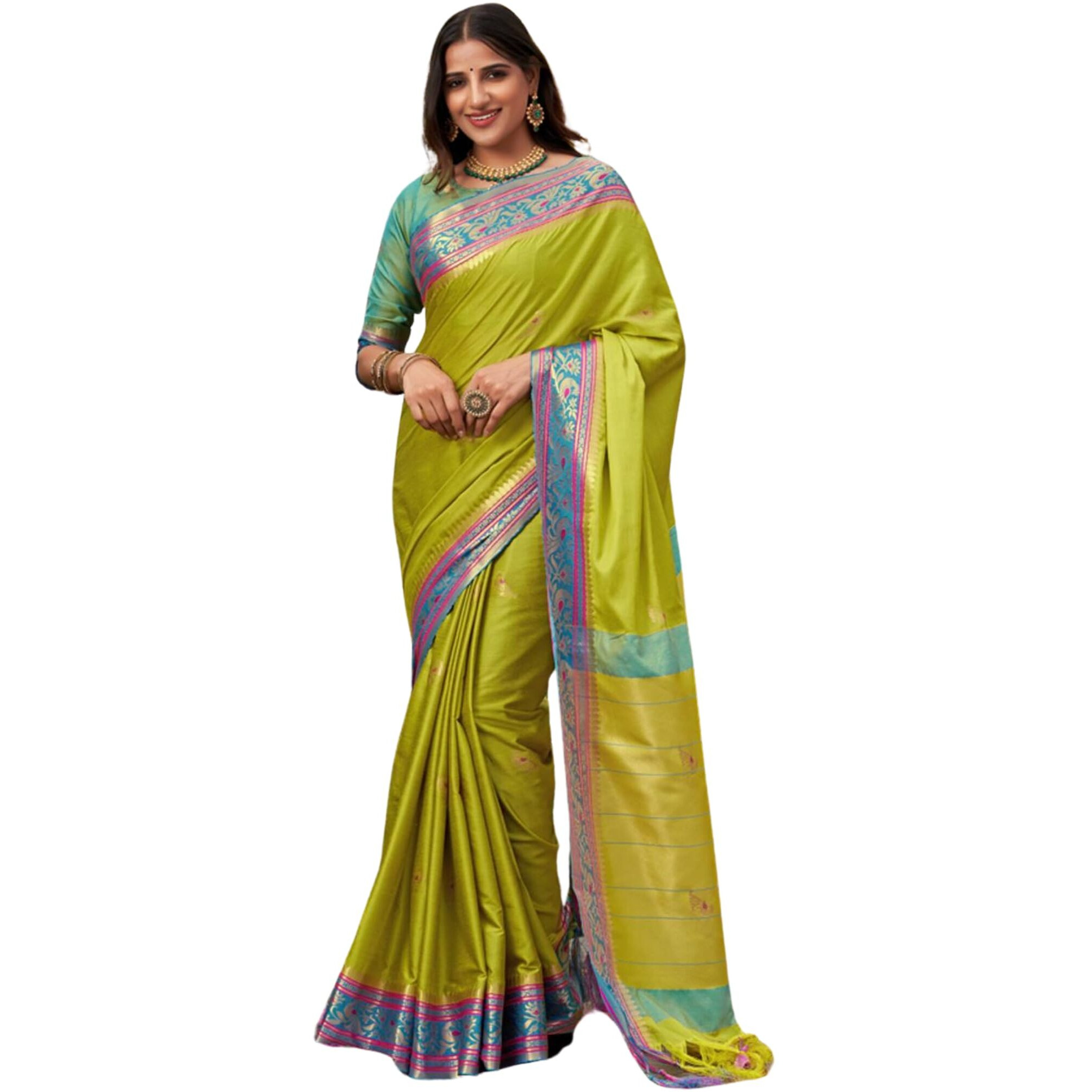 SGF11 Womens Kanjivaram Soft Lichi Silk Saree With Blouse Piece (Light Green)