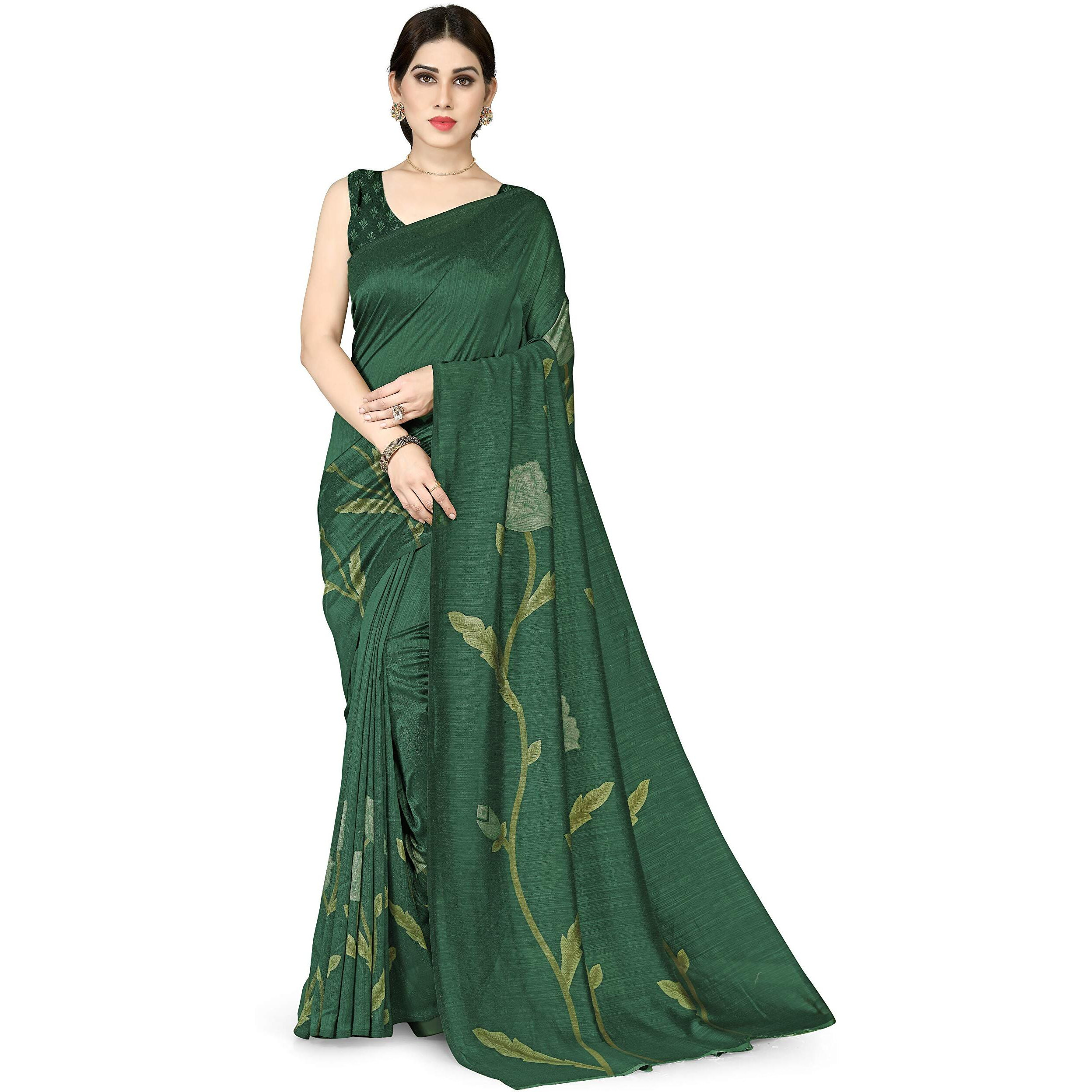 SOURBH Womens Plain Weave Vichitra Silk Saree with Blouse Piece (Green)