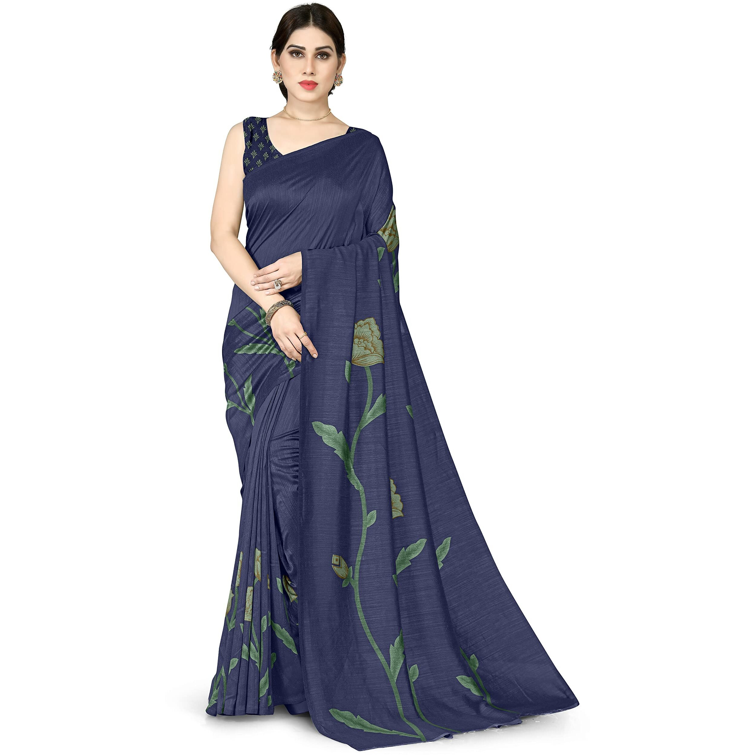 SOURBH Womens Plain Weave Vichitra Silk Floral Printed Saree with Blouse Piece (33062-Navy Blue)