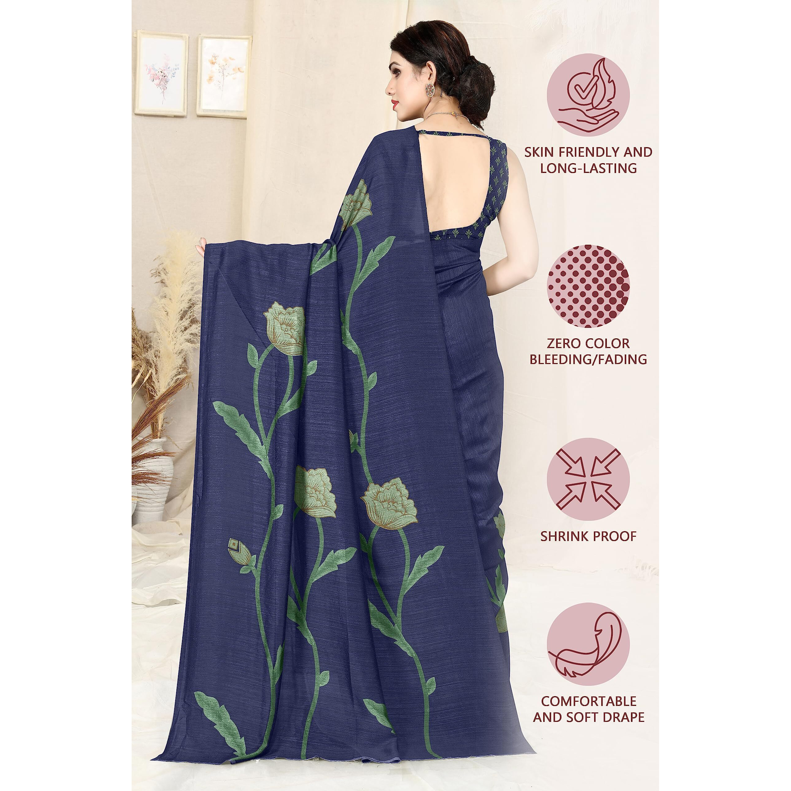 SOURBH Womens Plain Weave Vichitra Silk Floral Printed Saree with Blouse Piece (33062-Navy Blue)