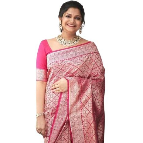 Flosive Womens Kanjivaram Silk Saree With Handloom Weaving Work With Blouse (PINK)