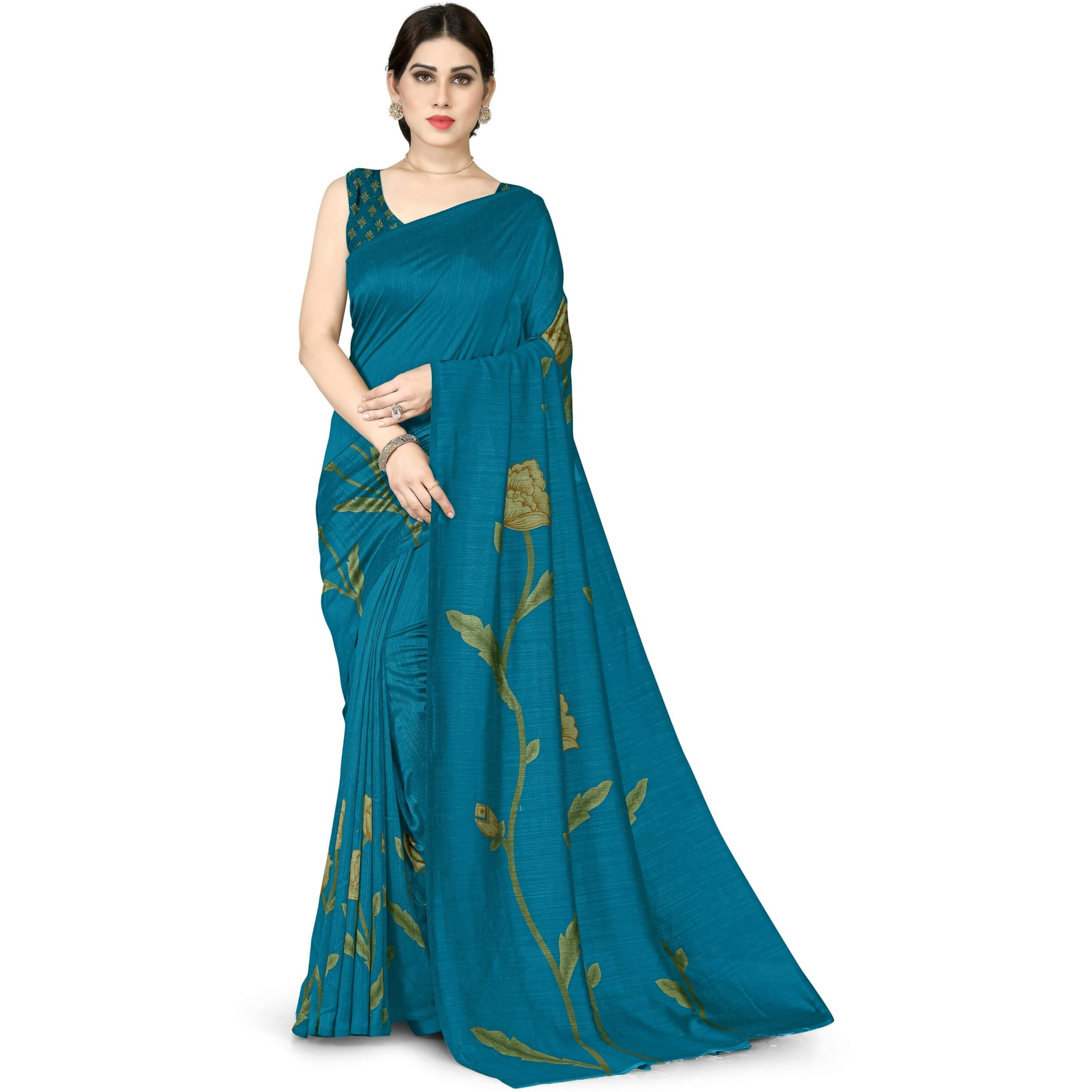 SOURBH Womens Plain Weave Vichitra Silk Floral Printed Saree with Blouse Piece (33063-Turquoise)