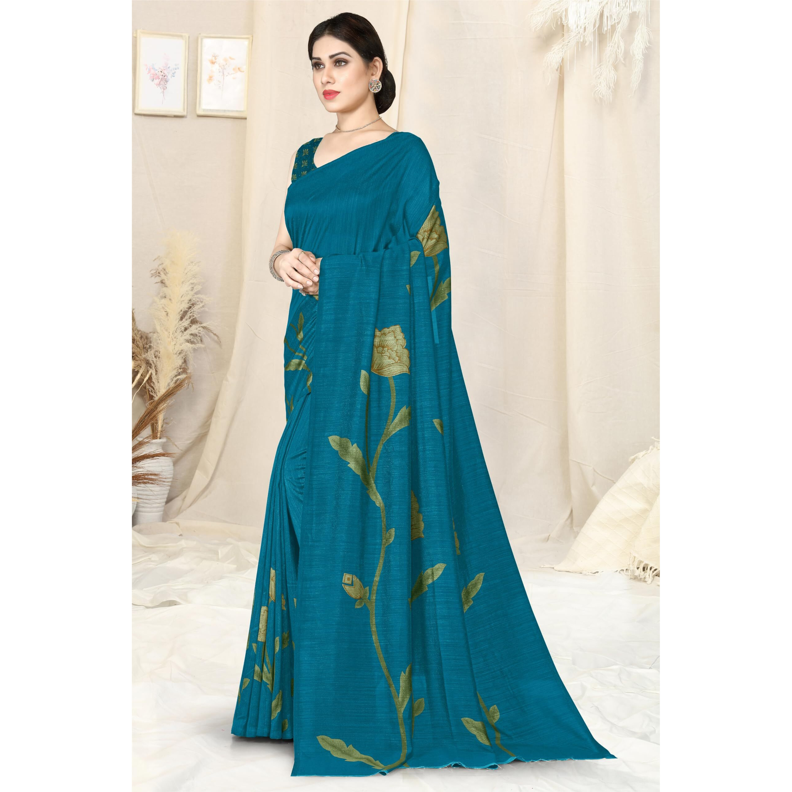 SOURBH Womens Plain Weave Vichitra Silk Floral Printed Saree with Blouse Piece (33063-Turquoise)