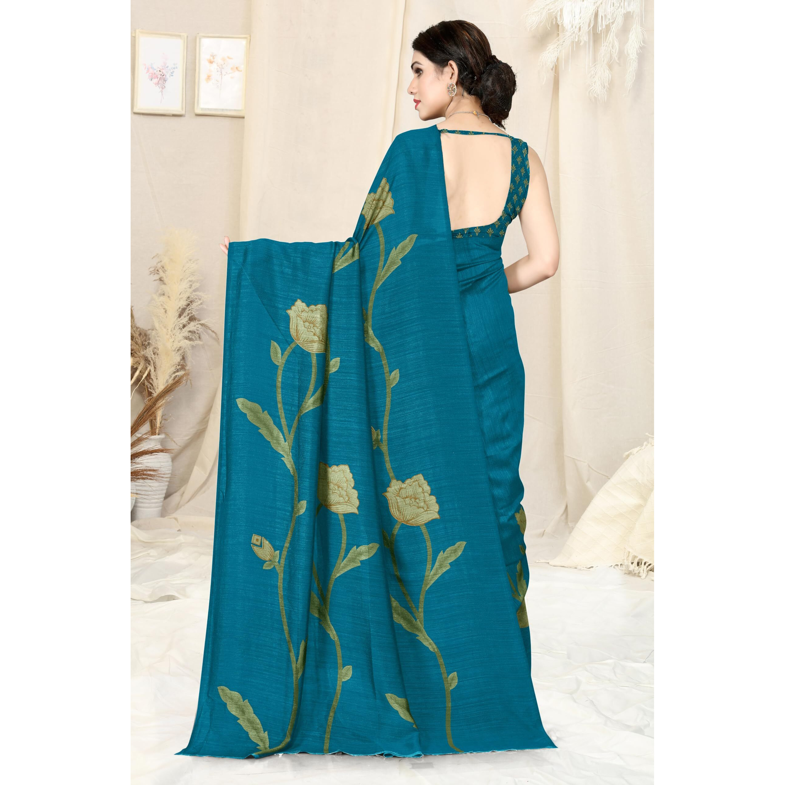 SOURBH Womens Plain Weave Vichitra Silk Floral Printed Saree with Blouse Piece (33063-Turquoise)