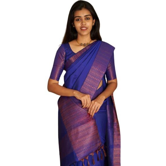 Flosive Womens Kanjivaram Silk Saree With Handloom Weaving Work With Blouse (ROYAL BLUE)