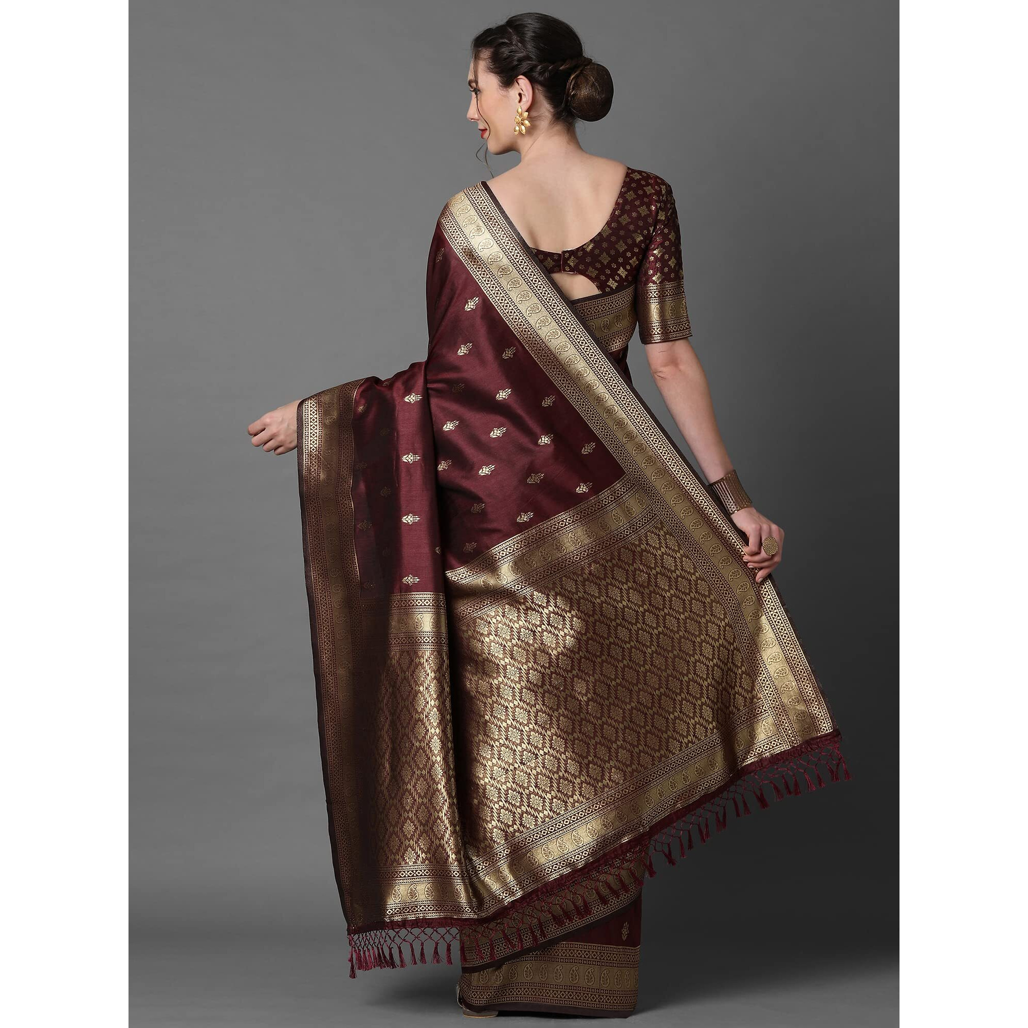 AKHILAM Womens Banarasi Silk Woven Design Saree With Unstitched Blouse Piece(Brown_2PAKHI4103)