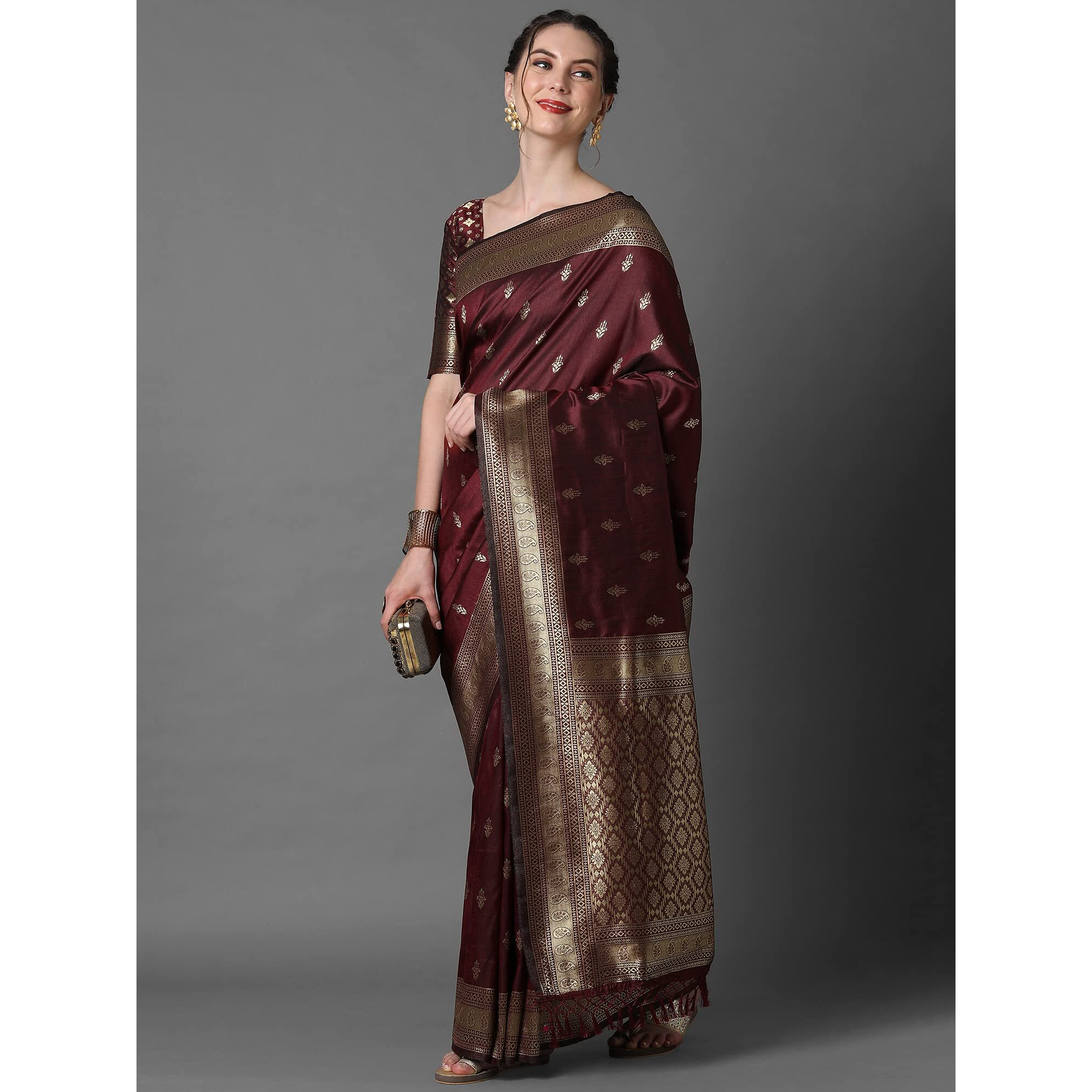 AKHILAM Womens Banarasi Silk Woven Design Saree With Unstitched Blouse Piece(Brown_2PAKHI4103)