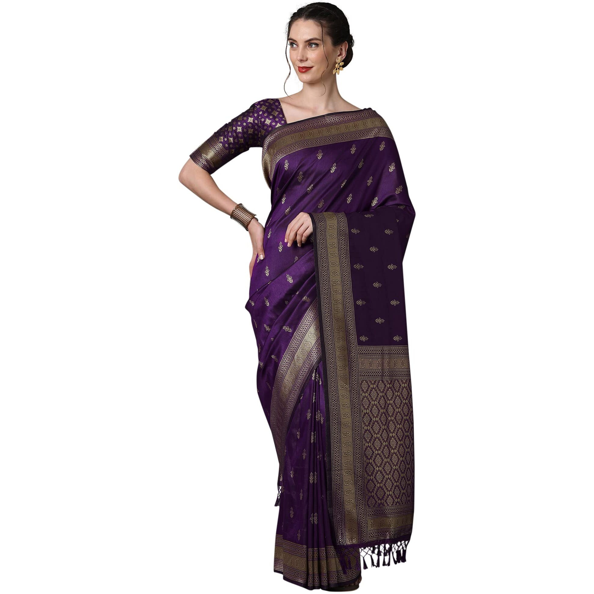 AKHILAM Womens Banarasi Silk Blend Woven Design Saree With Unstitched Blouse Piece (Purple_2PAKHI4103A)