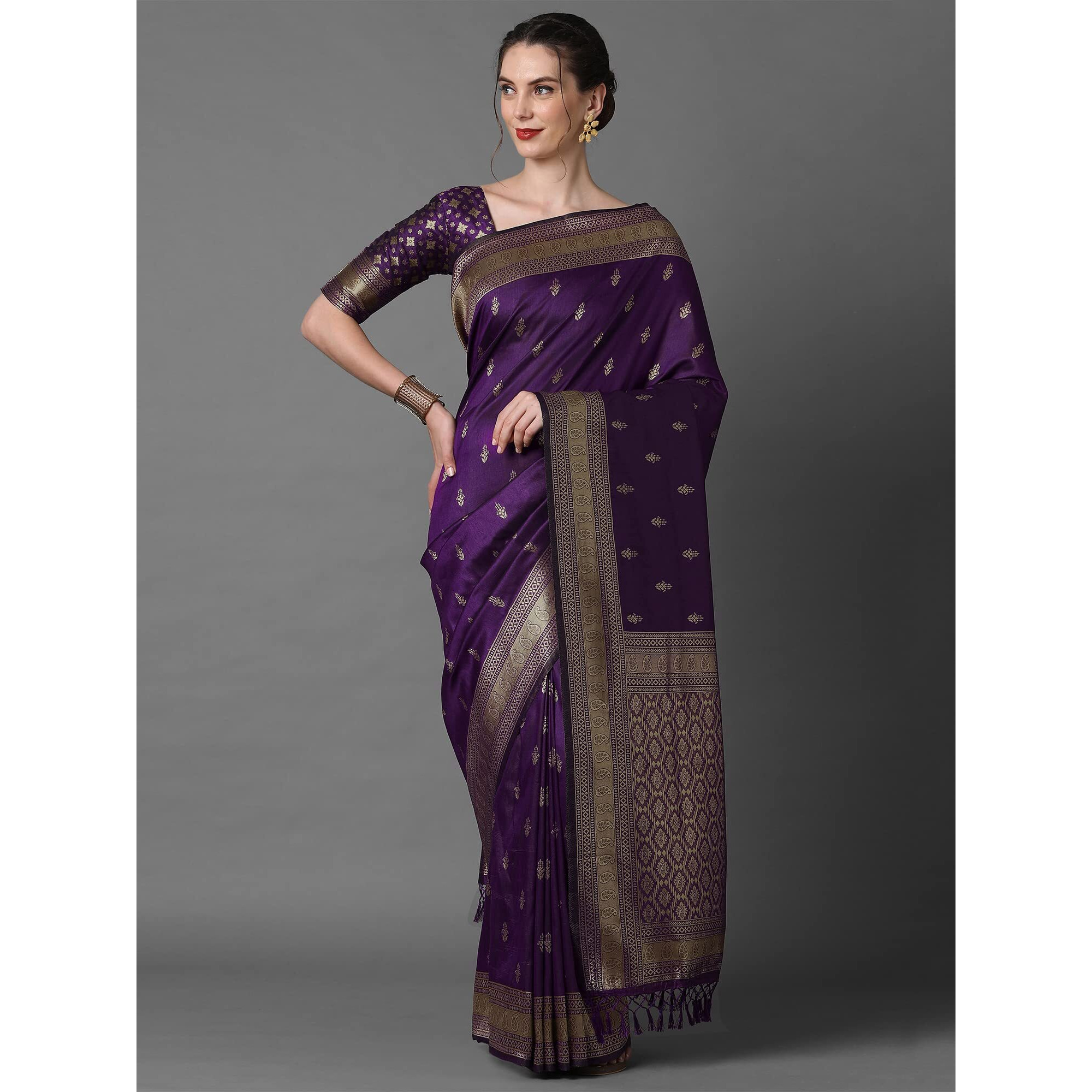 AKHILAM Womens Banarasi Silk Blend Woven Design Saree With Unstitched Blouse Piece (Purple_2PAKHI4103A)