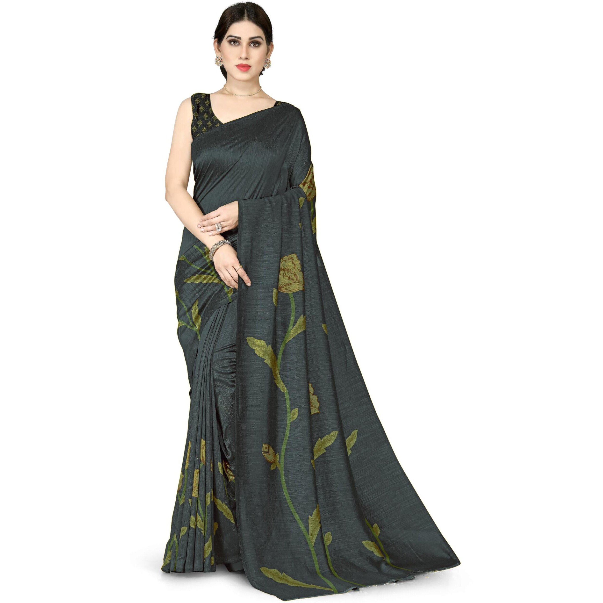 SOURBH Womens Plain Weave Vichitra Silk Floral Printed Saree with Blouse Piece (33061-Dark Grey)