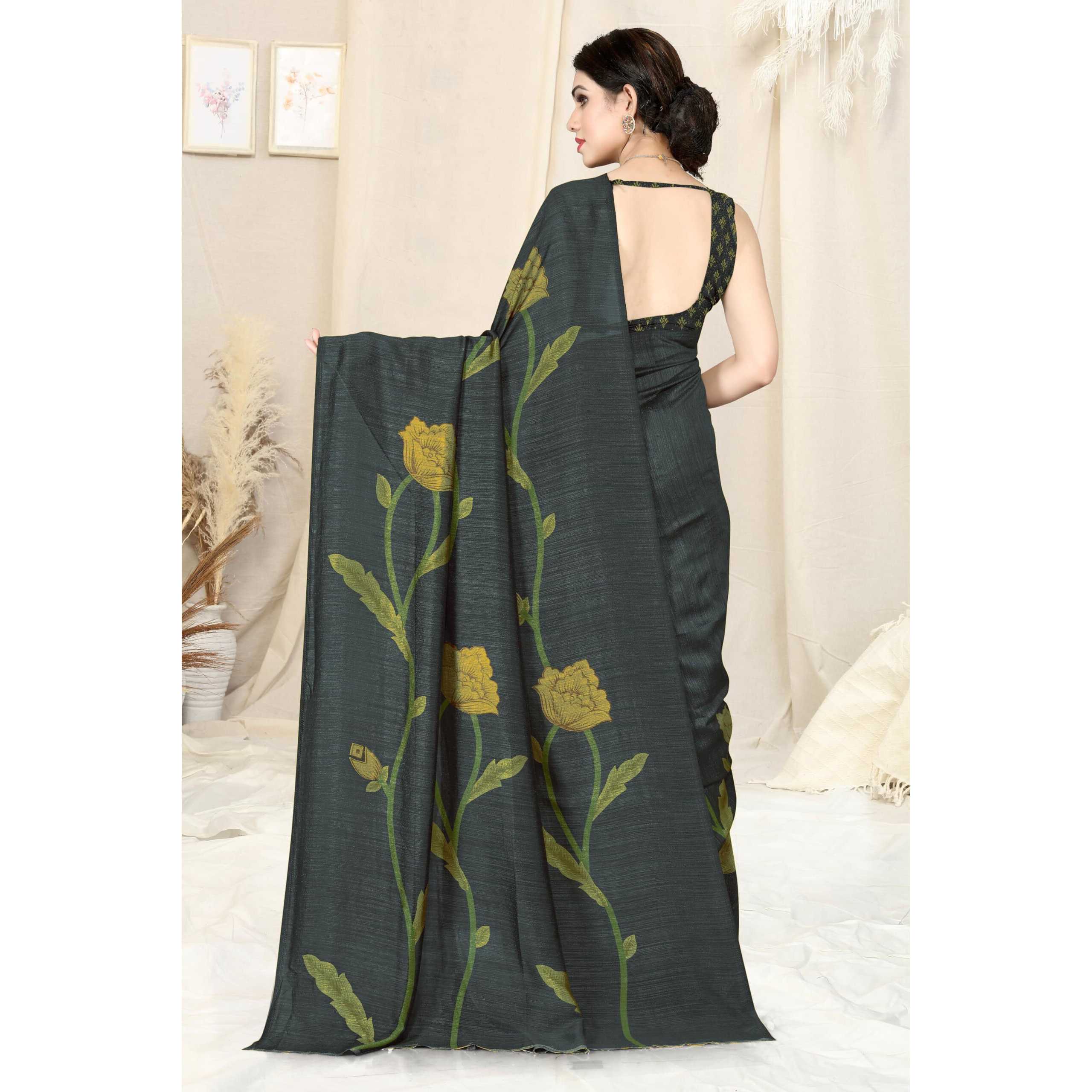 SOURBH Womens Plain Weave Vichitra Silk Floral Printed Saree with Blouse Piece (33061-Dark Grey)