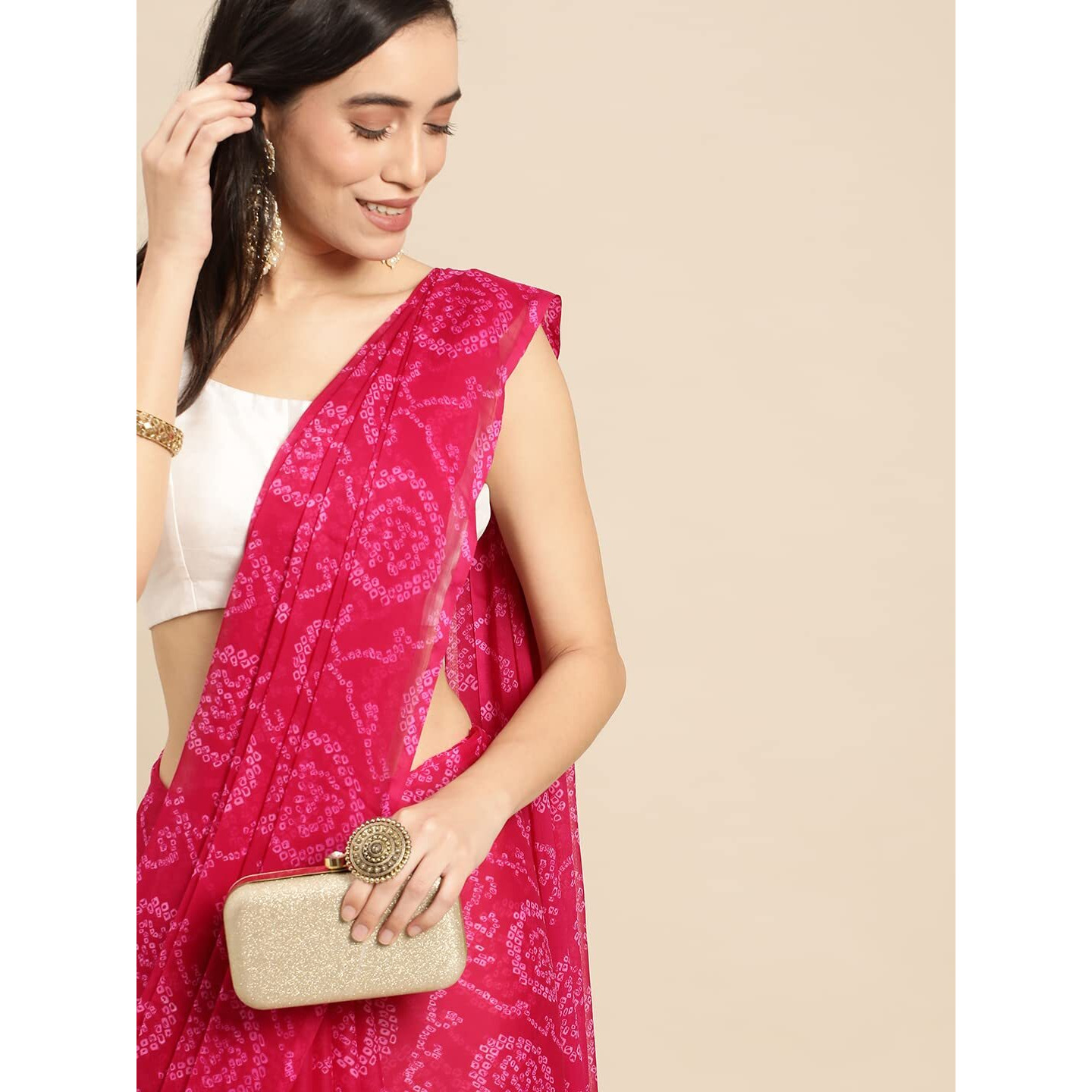 RANI SAAHIBA Polyester WomenS Chiffon Bandhani Printed Saree Without Blouse (Sskr1960_Pink)