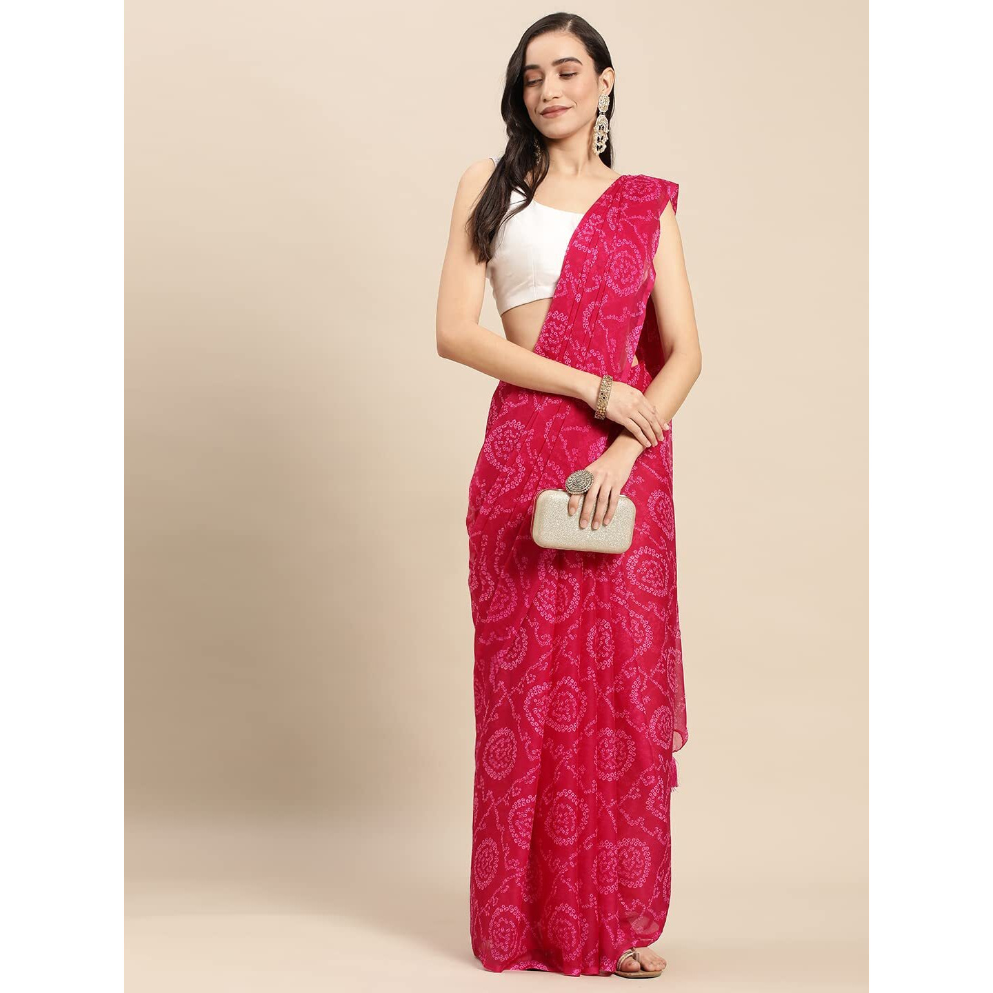 RANI SAAHIBA Polyester WomenS Chiffon Bandhani Printed Saree Without Blouse (Sskr1960_Pink)